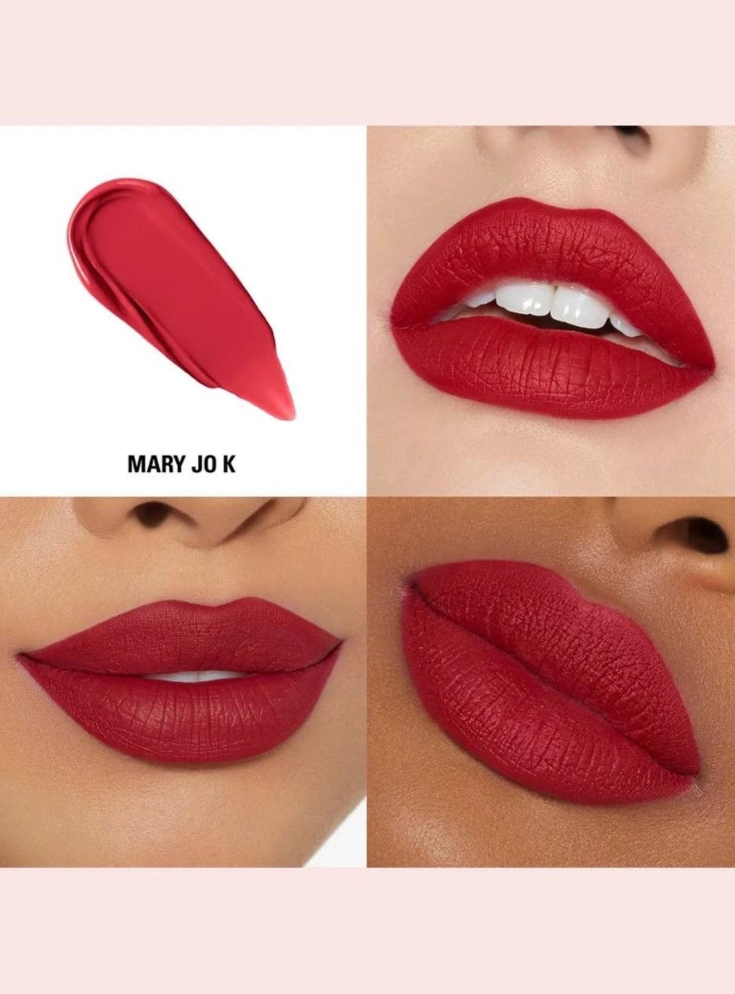 Red lipstick swatch and application on lips with 'MARY JO K' branding. Kylie Cosmetics, Monza Outlet, Monza Fashion, Shein Outlet