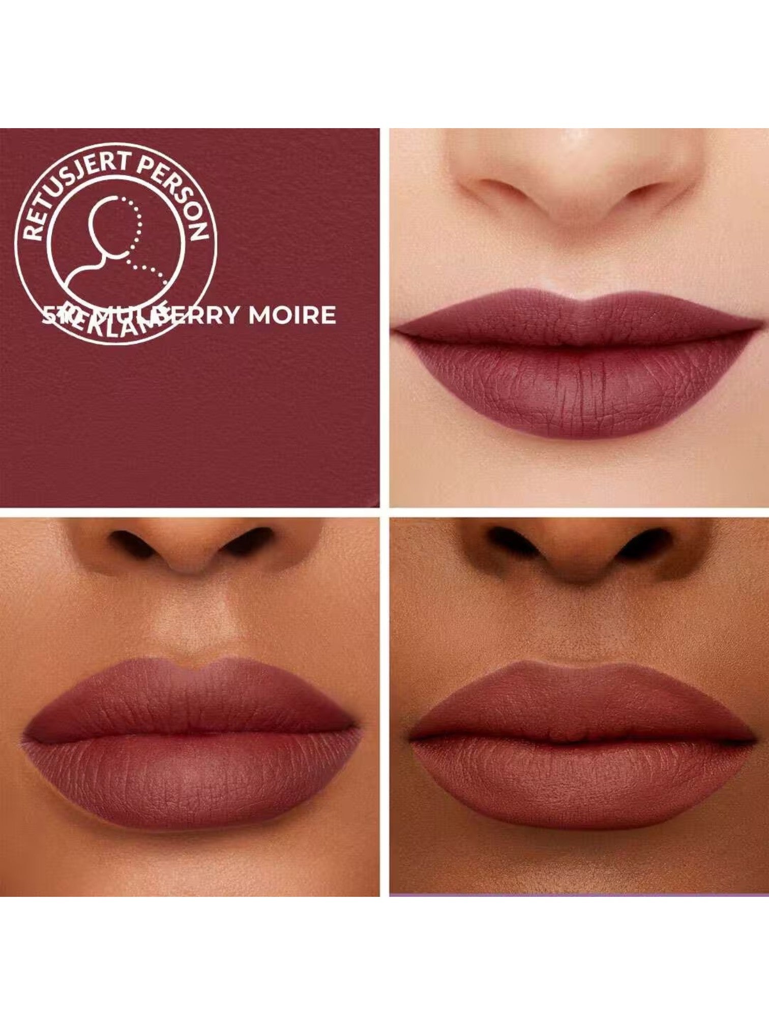 Lipstick shade swatches on a white background with 'Retusjert Person' logo. laura_mercier, Monza Outlet, Monza Fashion, Shein Outlet