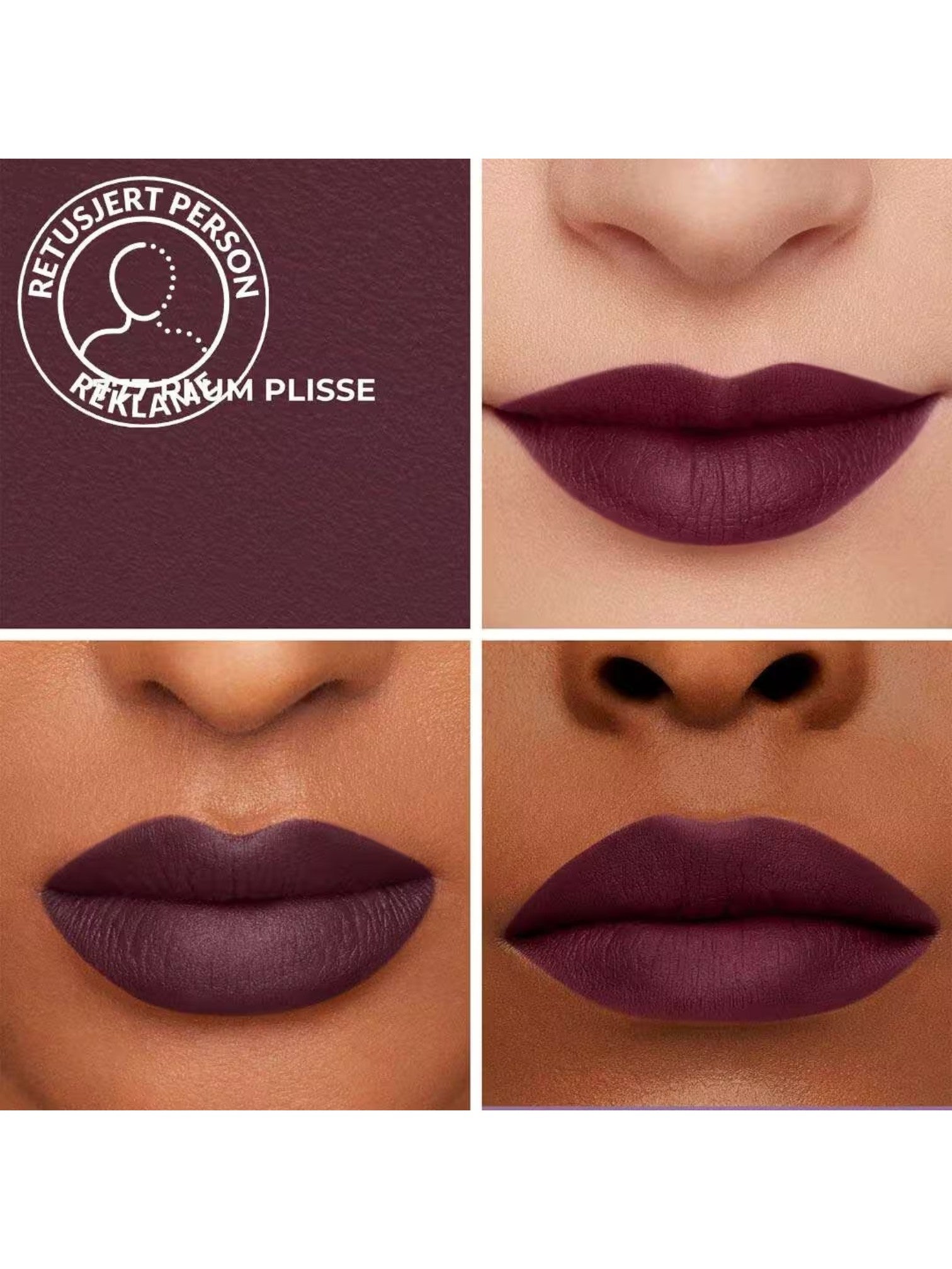 Lipstick swatches on different skin tones with a brand logo in the top left corner. laura_mercier, Monza Outlet, Monza Fashion, Shein Outlet
