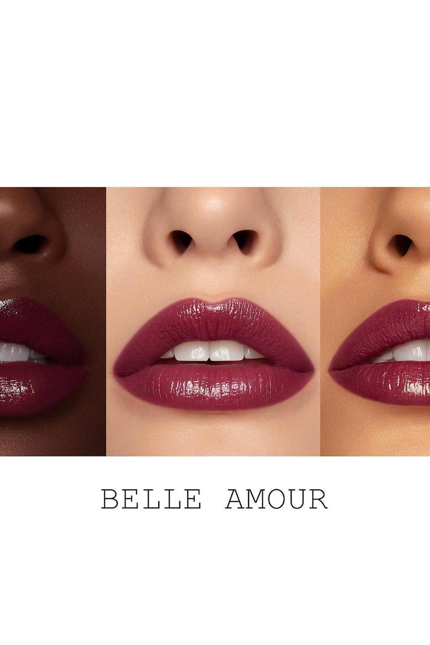 Three different skin tones wearing the same lipstick with the text Belle Amour. Monza Outlet