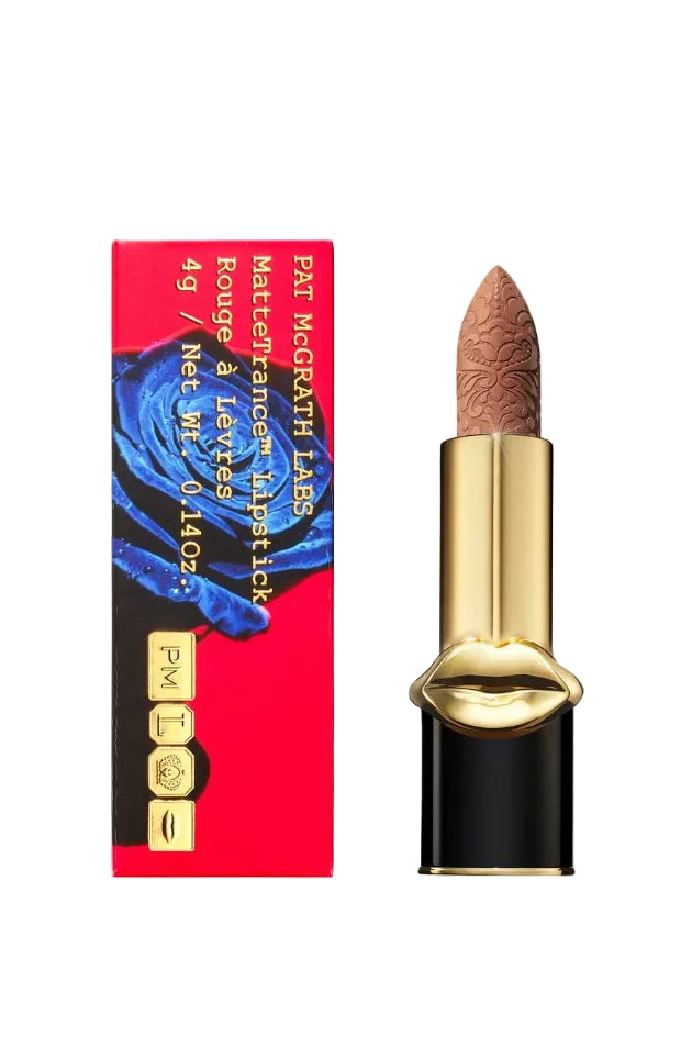Lipstick shade Honey Haze, warm nude matte lipstick with a golden beige undertone, presented in elegant black and gold bullet packaging with gold lips design. Monza Outlet