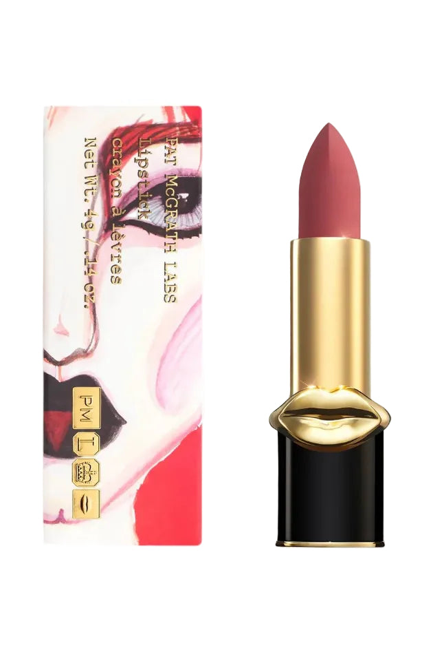 Lipstick with black and gold case and pink shade on white background. Monza Outlet