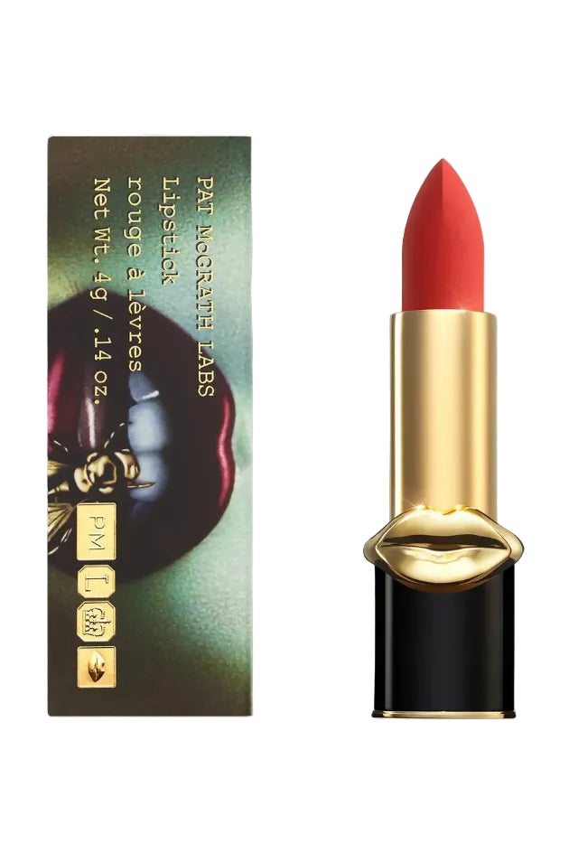 Red lipstick with gold cap and packaging on a white background Monza Outlet