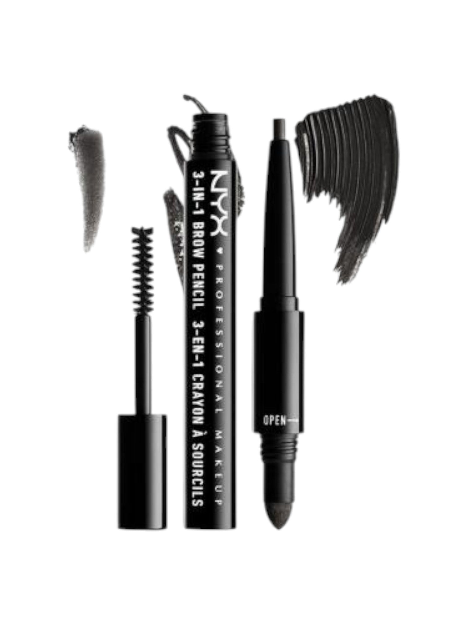 Set of NYX eyebrow makeup products including pencils and a brush on a white background. NYX, Monza Outlet, Monza Fashion, Shein Outlet