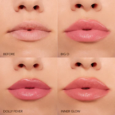 Comparison of lips labeled 'Before', 'Big O', 'Dolly Fever', and 'Inner Glow' on a person's face. Monza fashion outlet, monza outlet, shein outlet, shien outlet cosmetics, makeup, perfume