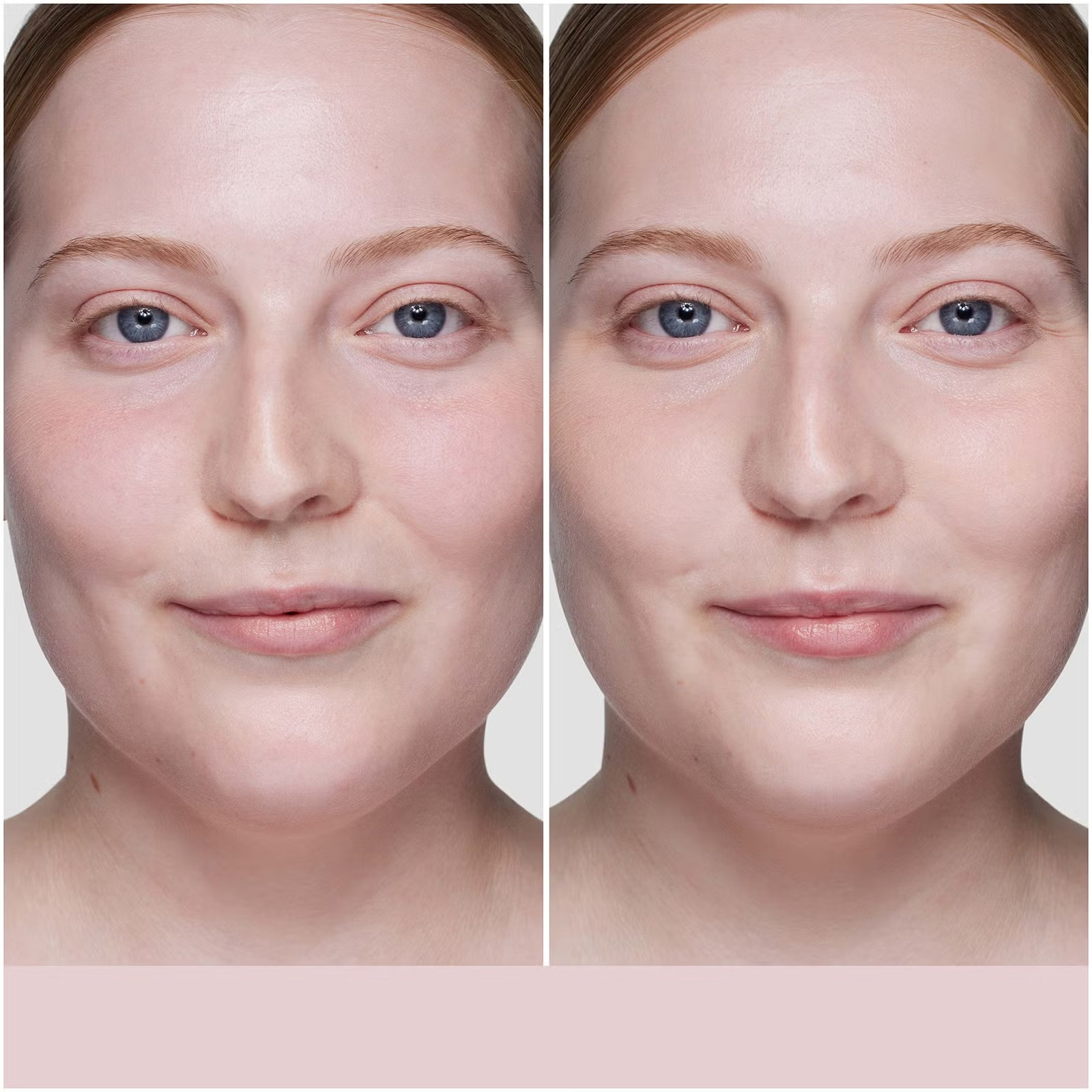 Before and after comparison of a woman's face with visible skin texture differences. Monza fashion outlet, monza outlet, shein outlet, shien outlet cosmetics, makeup, perfume