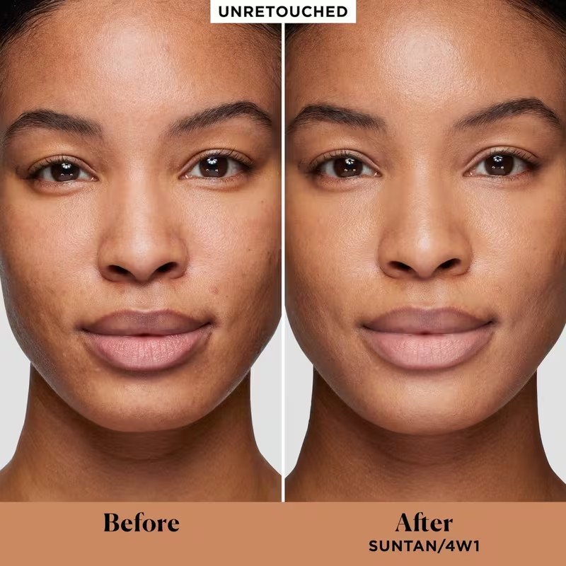 Before and after comparison of a woman's face with 'Unretouched' label, showing Suntan/4W1 color correction. Monza fashion outlet, monza outlet, shein outlet, shien outlet cosmetics, makeup, perfume