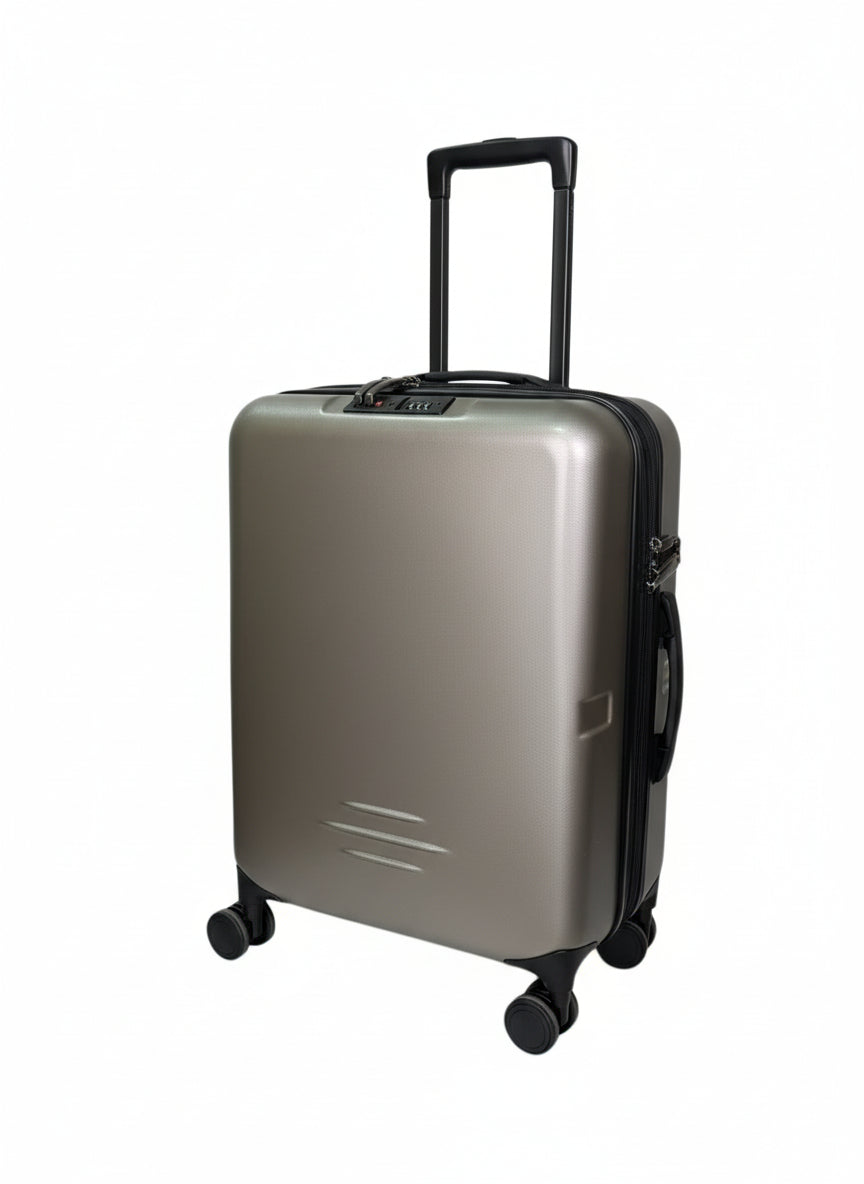 Silver suitcase with wheels on a white background. Ricardo, Monza Outlet, Monza Fashion, Shein Outlet