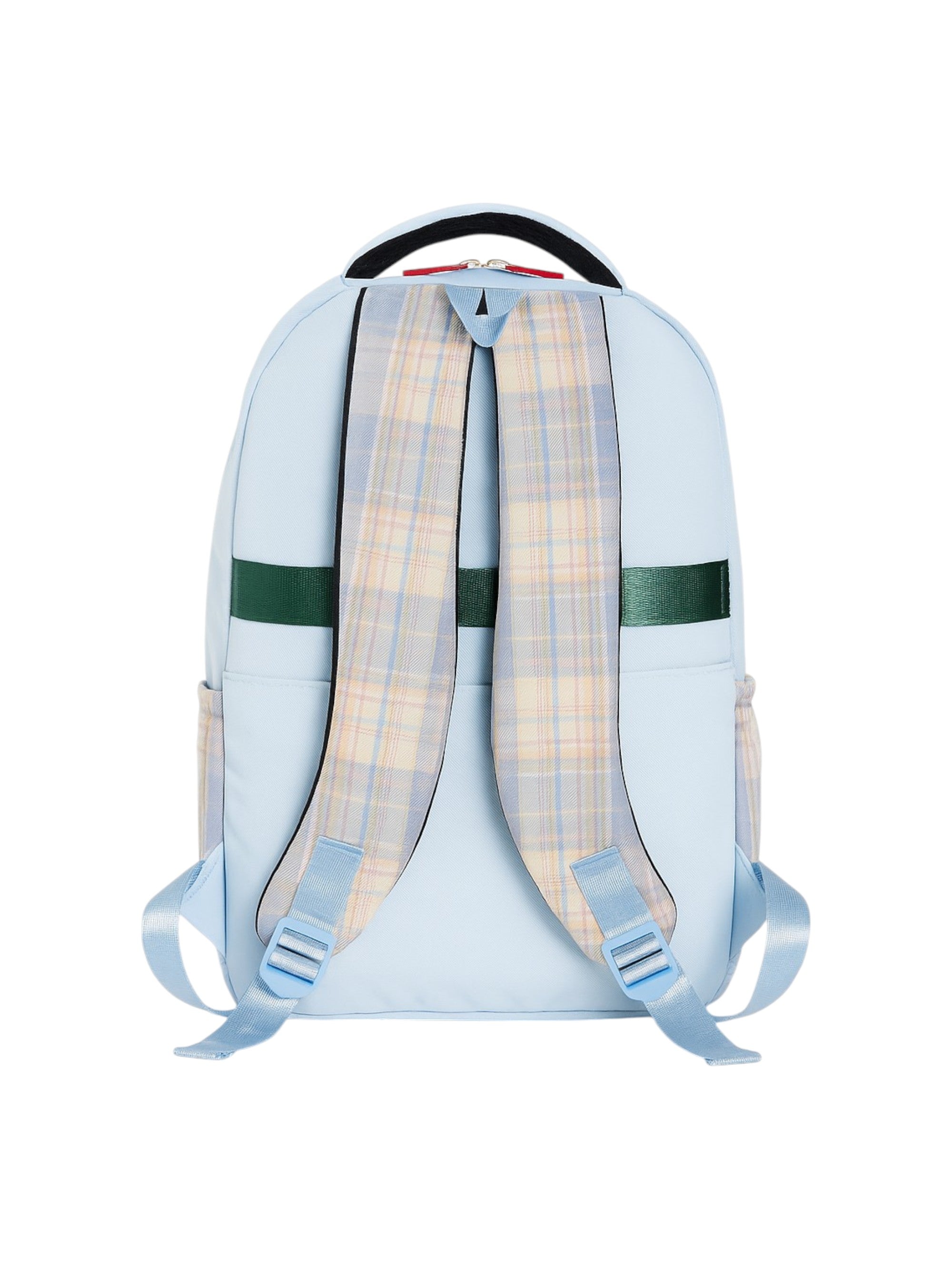 Light blue backpack with plaid-patterned straps on a white background monza outlet, Shein outlet, monza fashion
