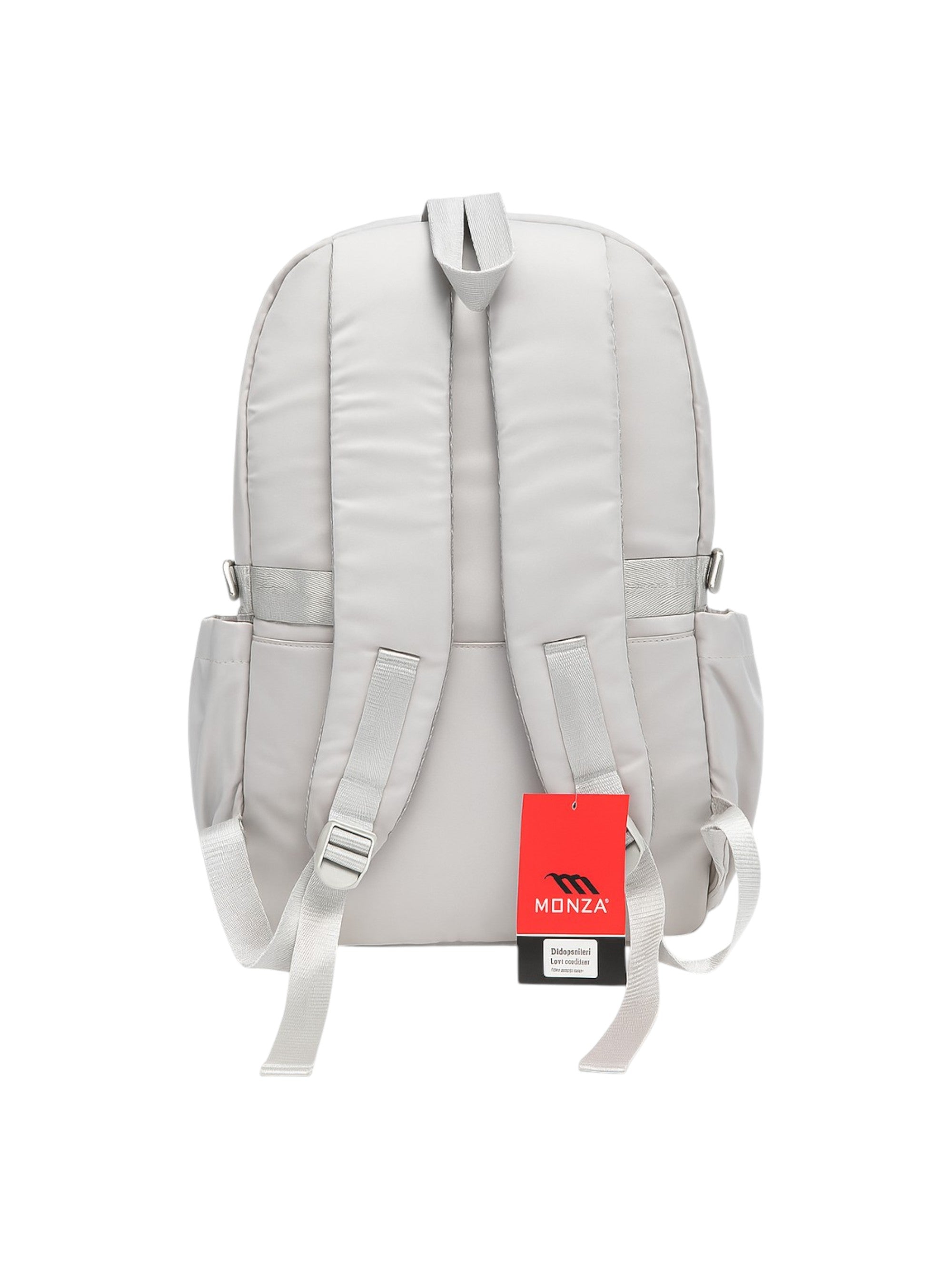 Gray backpack with a red and black tag on a white background monza outlet, Shein outlet, monza fashion