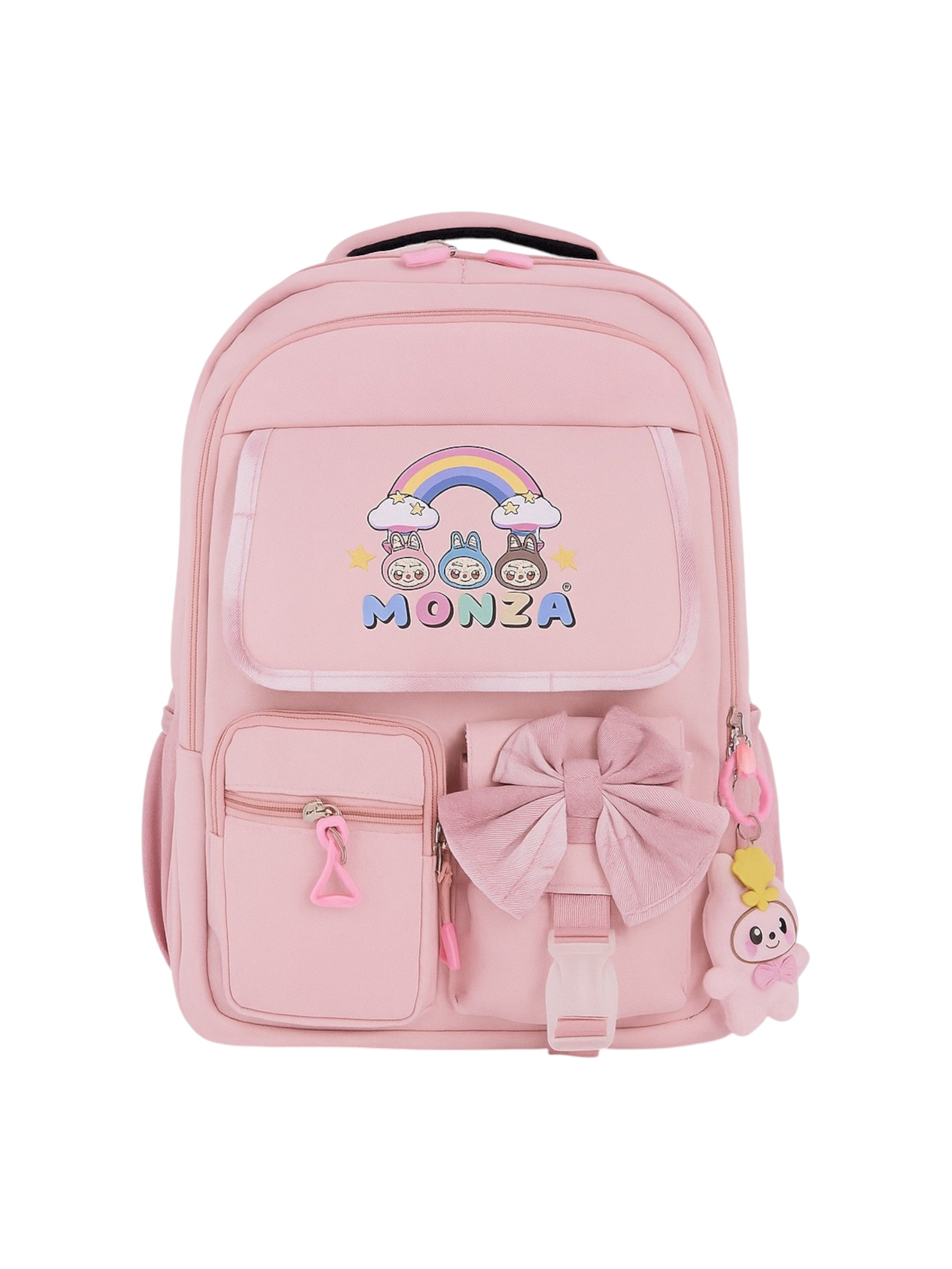 Pink backpack with cartoon design and 'MONZA' branding on a white background monza outlet, Shein outlet, monza fashion