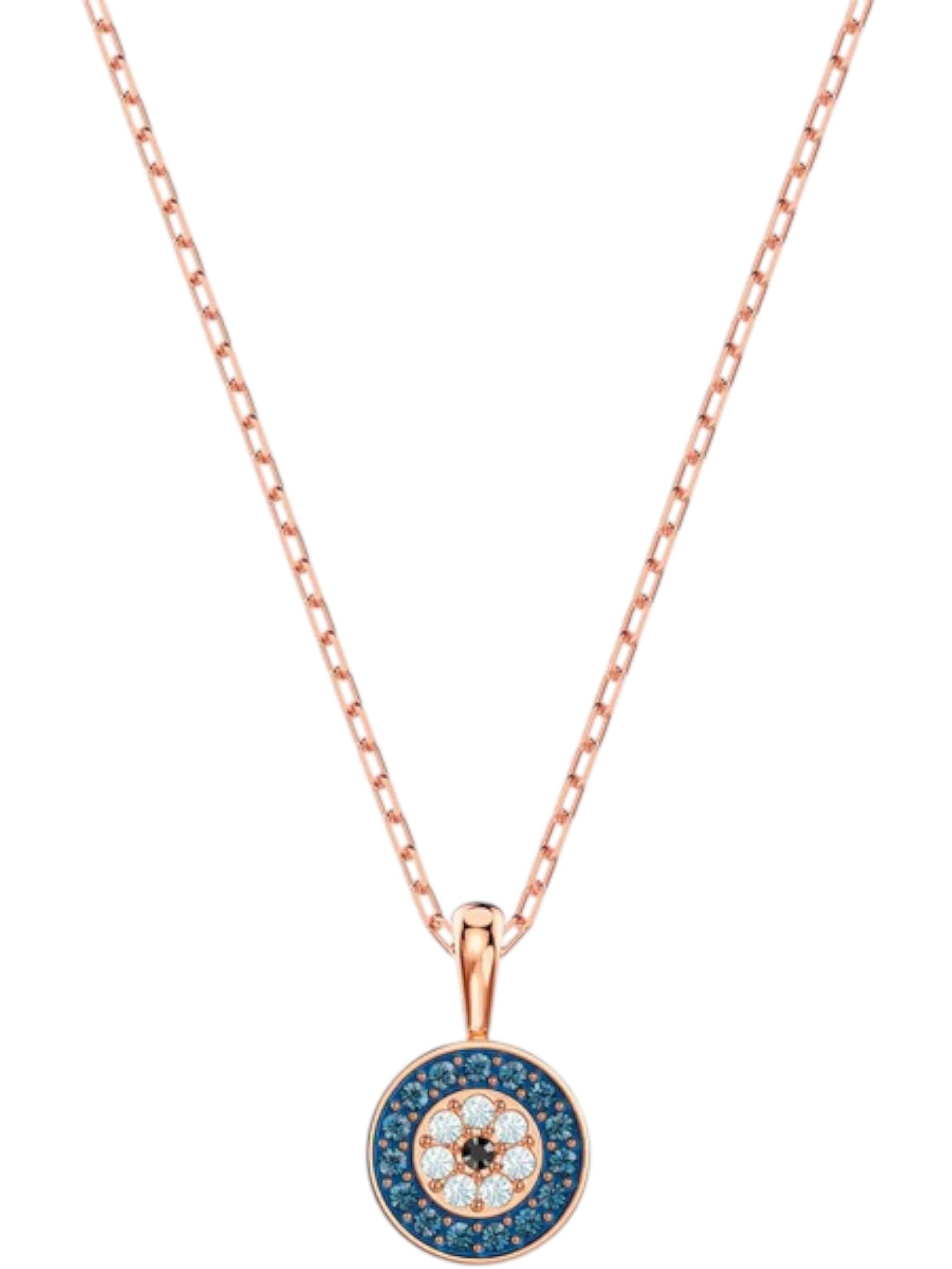 Rose gold necklace with a blue evil eye pendant on a white background monza outlet, Shein outlet, monza fashion