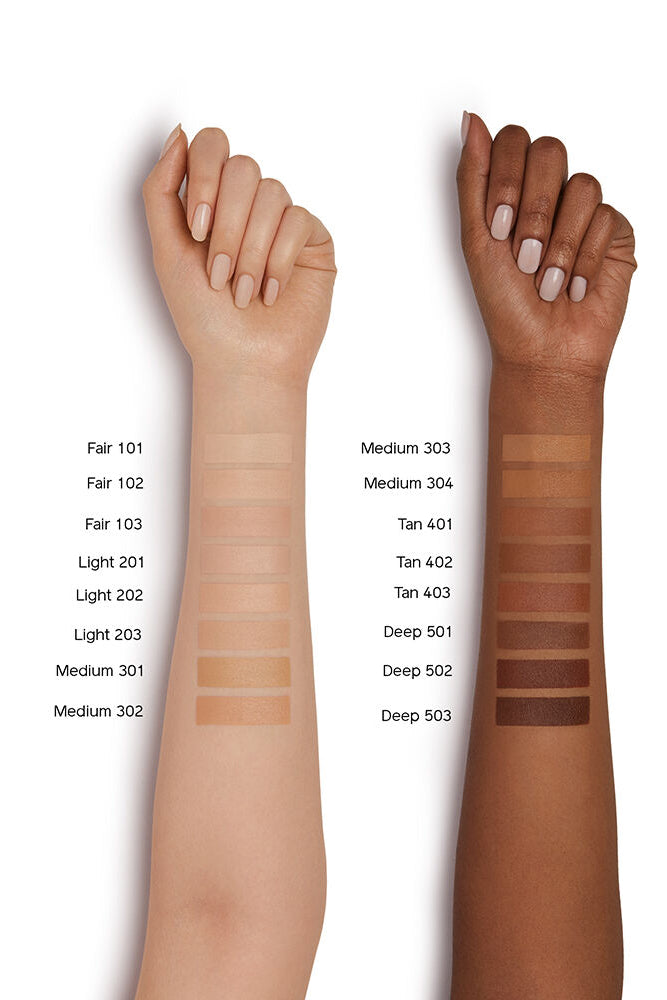 Two arms with different skin tones displaying makeup swatches on a white background. Monza outlet, monza fashion, shein outlet, shien outlet