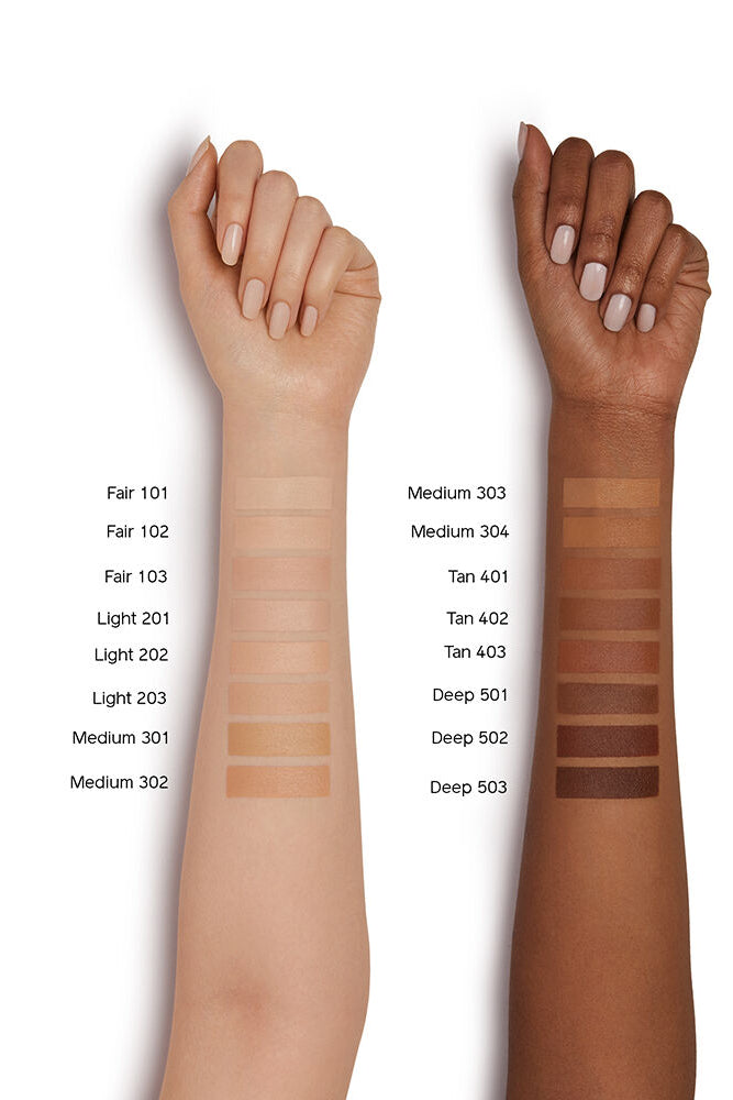 Two arms with different skin tones displaying makeup swatches on a white background. Monza outlet, monza fashion, shein outlet, shien outlet