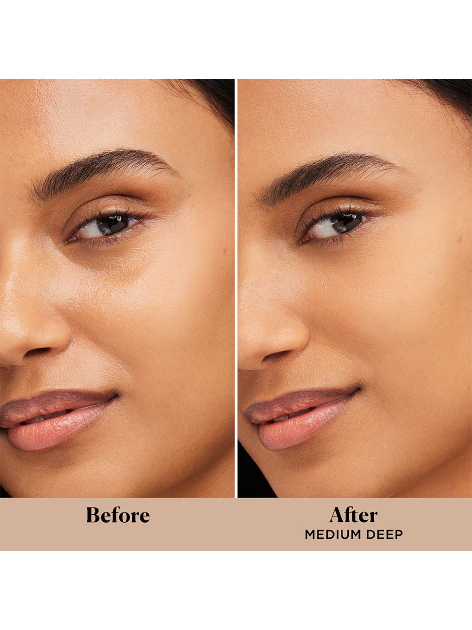 Before and after comparison of a woman's face with medium deep makeup application. monza outlet, Shein outlet, monza fashion