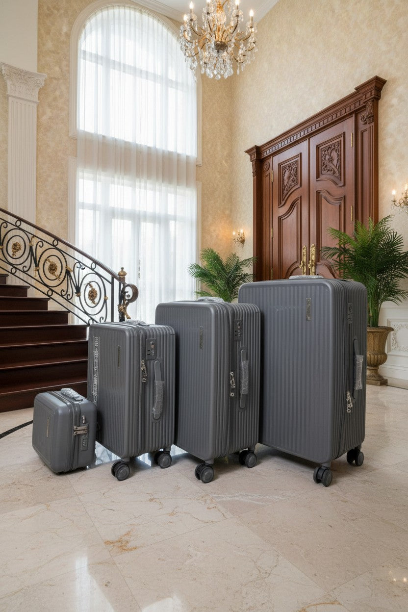 Set of gray suitcases in a luxurious room with a staircase and chandelier. Monza Outlet, Monza Fashion, Shein Outlet