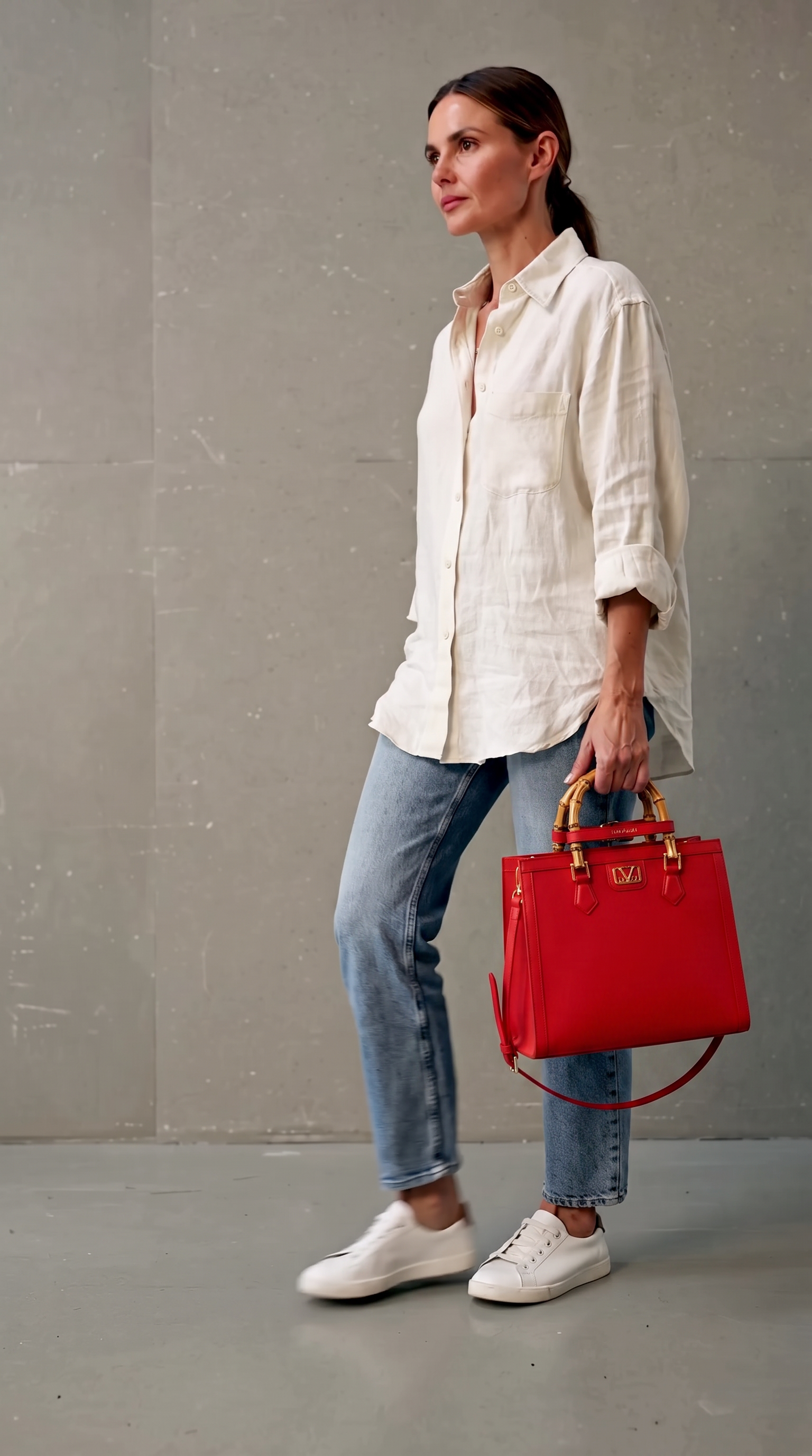 A woman wearing a white linen shirt, blue jeans, and white sneakers holds a structured red handbag with gold tone hardware and bamboo handles against a gray concrete wall. 19v69 Italia, Monza Outlet, Monza Fashion, Shein Outlet