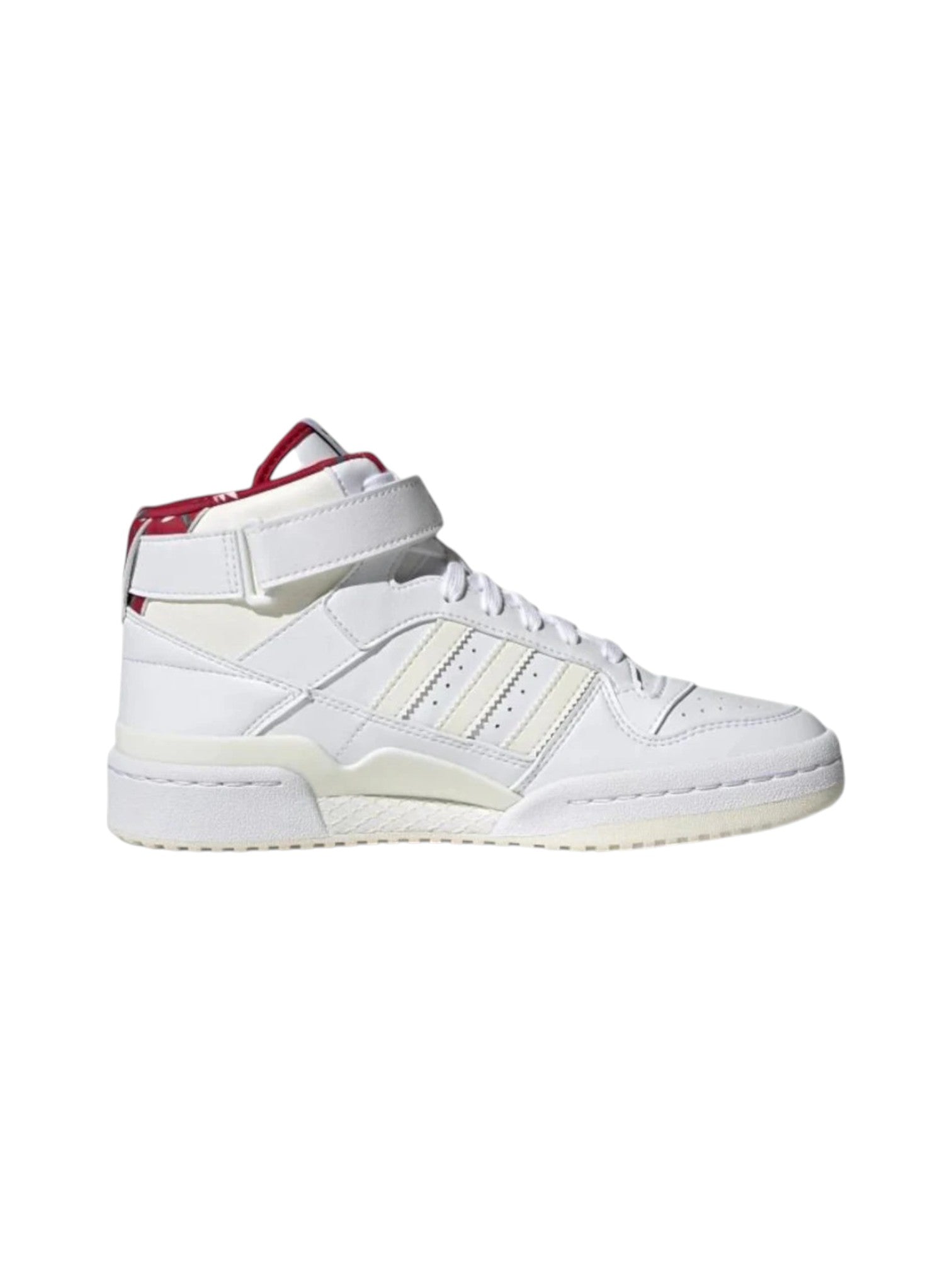 White high-top sneaker with red accents on a white background. Adidas, Monza Outlet, Monza Fashion, Shein Outlet