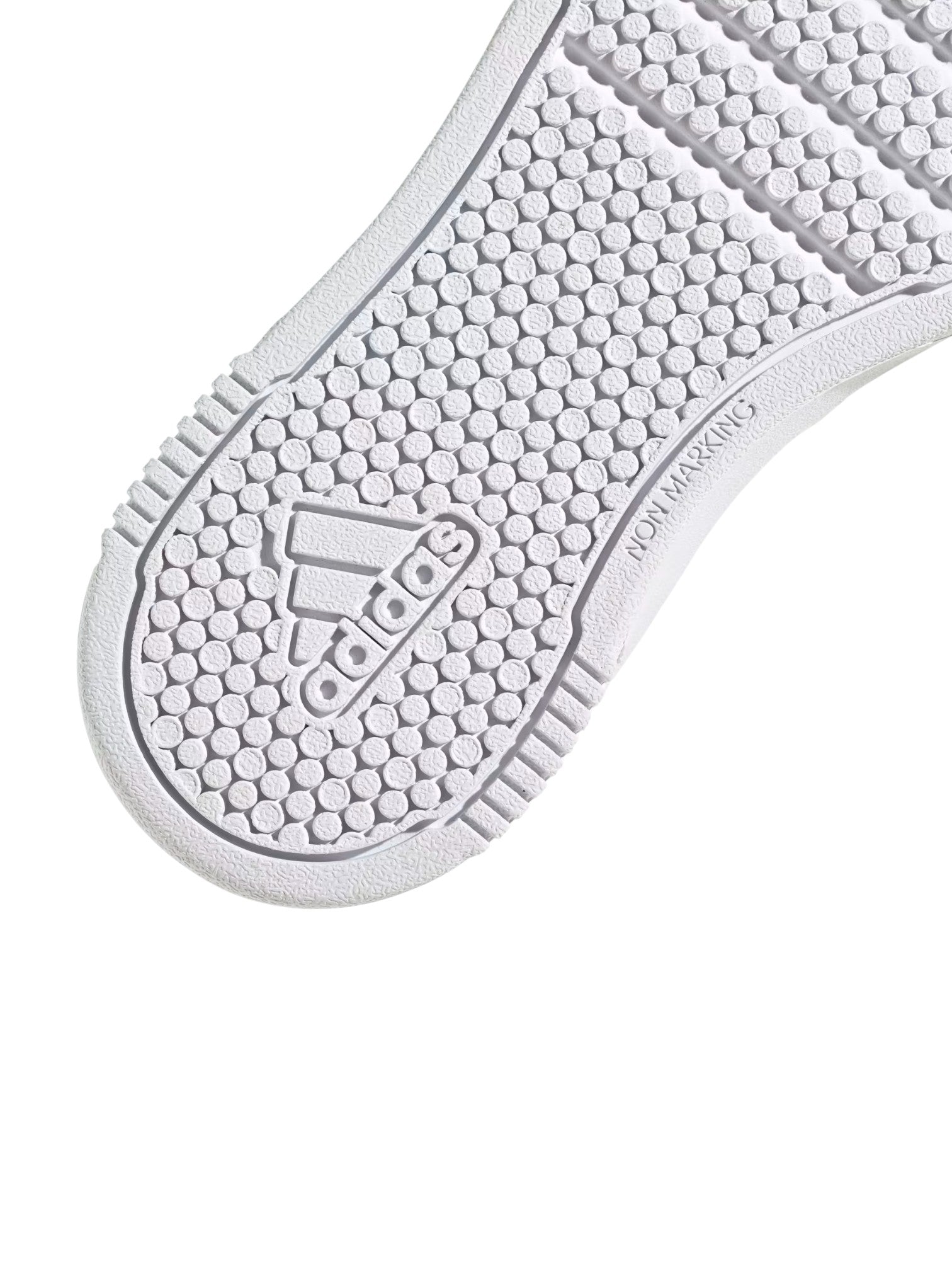 Close-up of a white sneaker sole with Adidas logo on a white background. Adidas, Monza Outlet, Monza Fashion, Shein Outlet