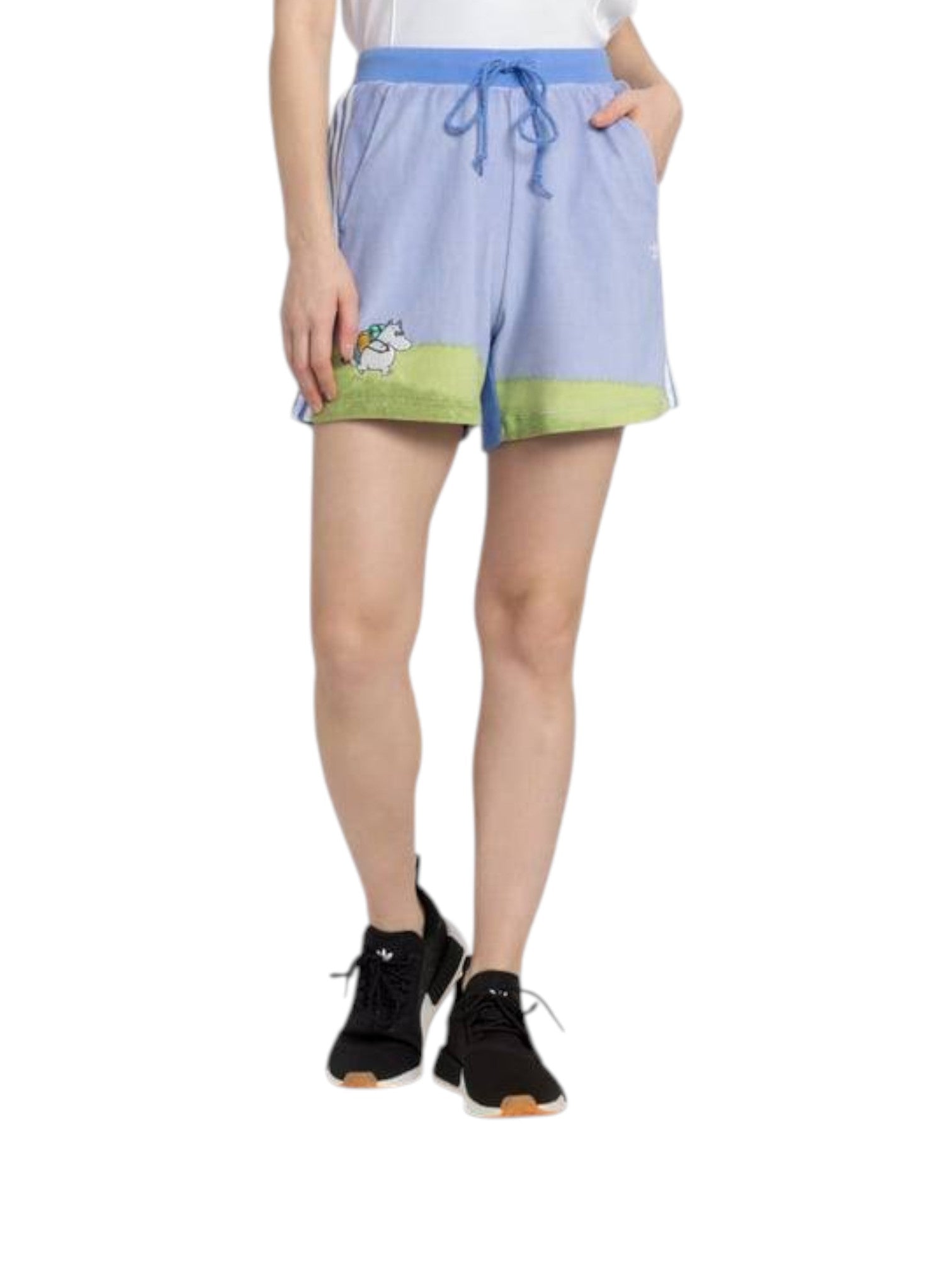 Person wearing light blue shorts with a green accent on a white background. Adidas, Monza Outlet, Monza Fashion, Shein Outlet
