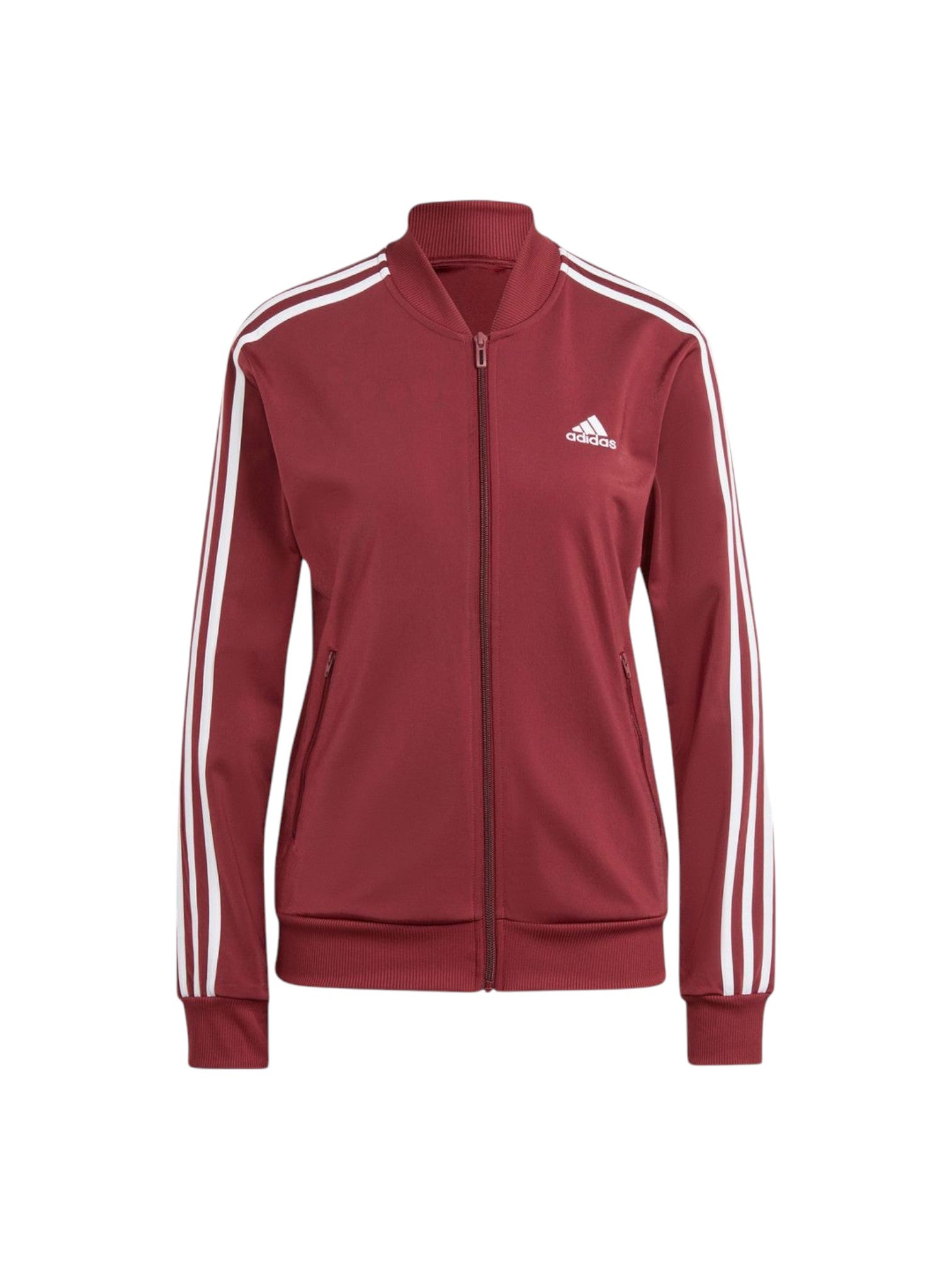 Maroon Adidas tracksuit jacket with white stripes on a white background. Adidas, Monza Outlet, Monza Fashion, Shein Outlet