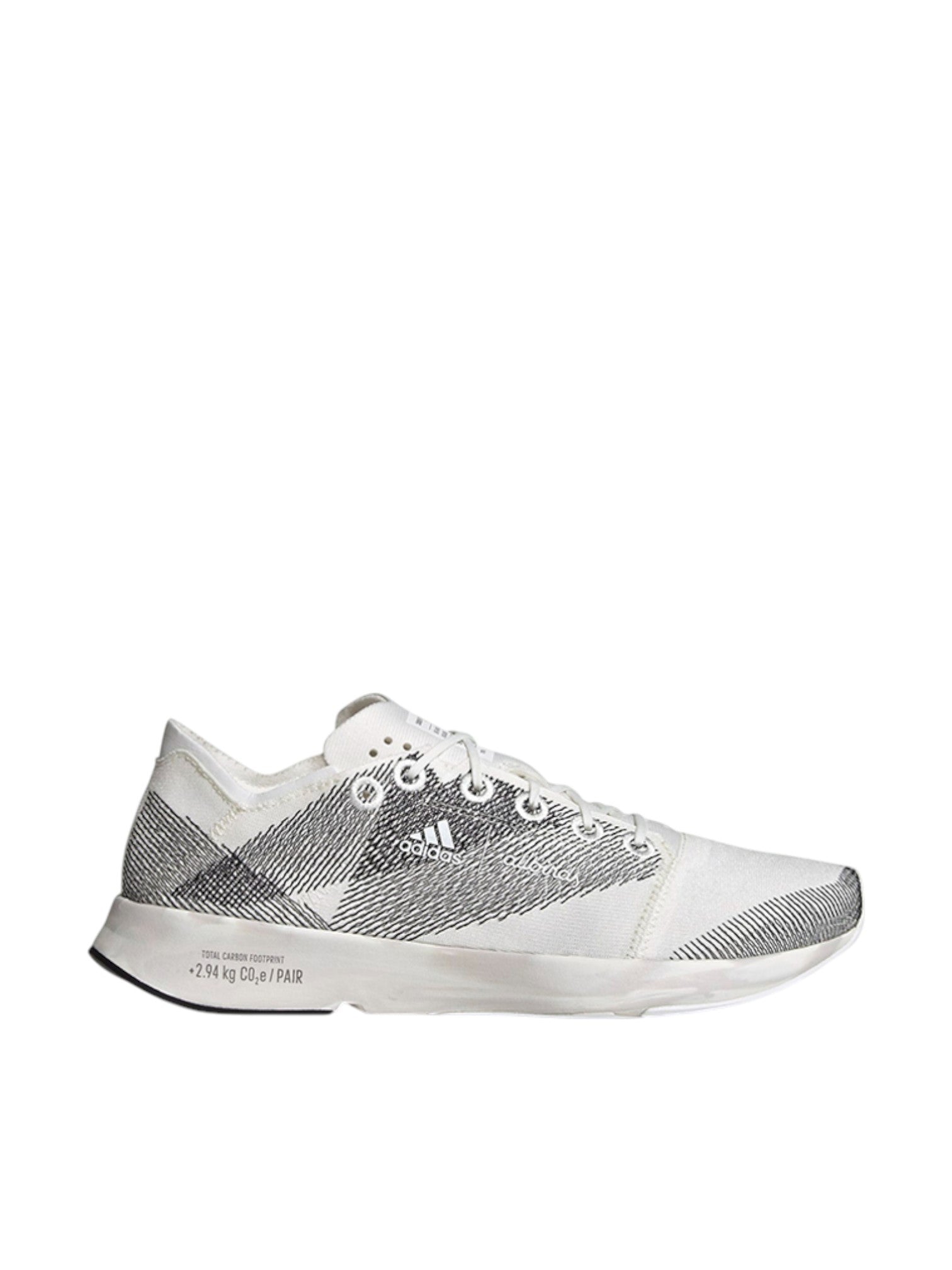 White sneaker with black pattern on a white background. Adidas, Monza Outlet, Monza Fashion, Shein Outlet