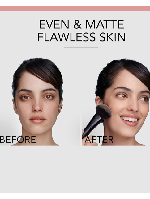 Before and after comparison of a woman's face with makeup application, labeled Even & Matte Flawless Skin. Bourjois Monza Outlet