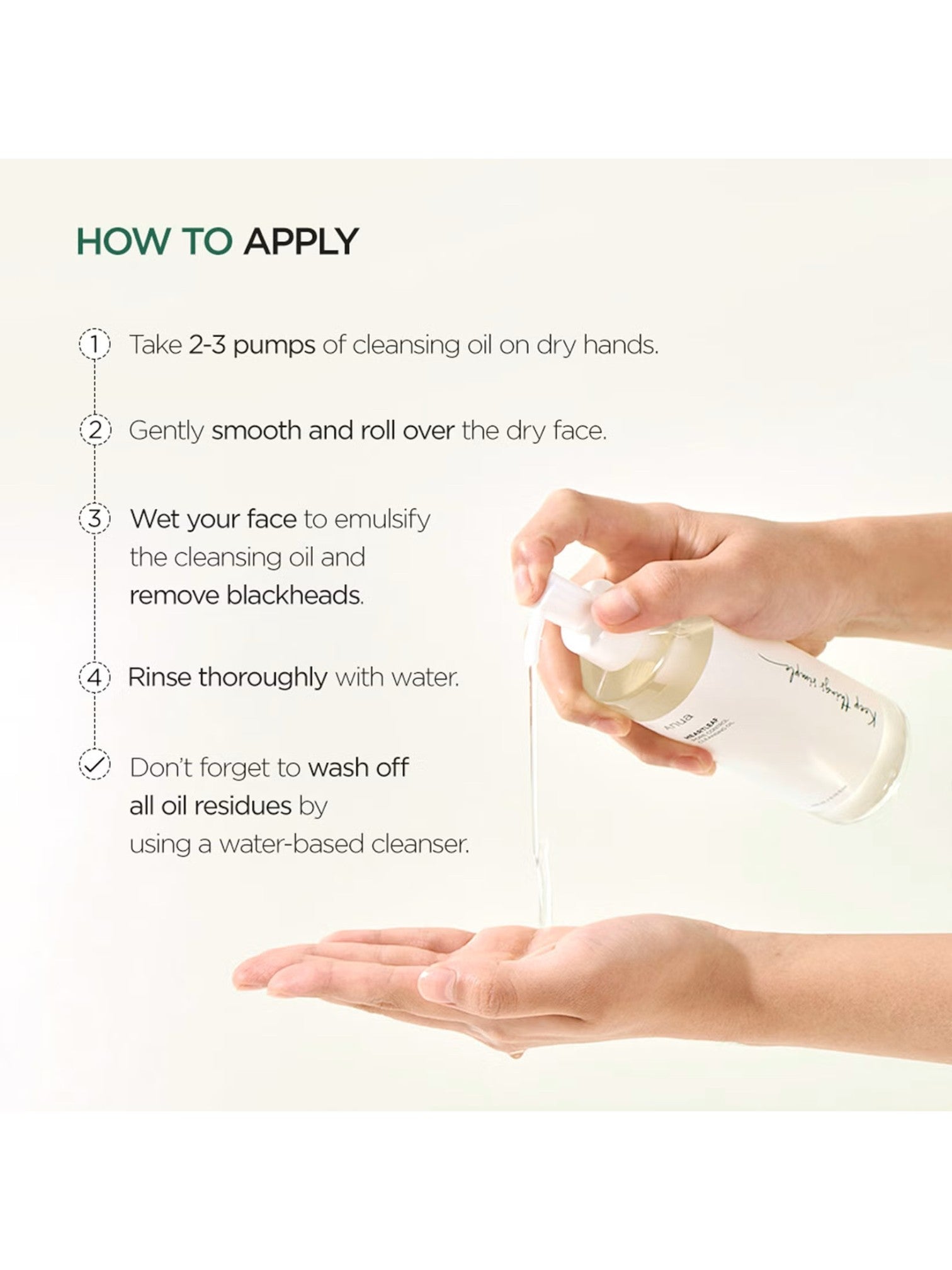 Instructions on how to apply cleansing oil with a bottle and hand on a white background. Anua, Monza Outlet, Monza Fashion, Shein Outlet