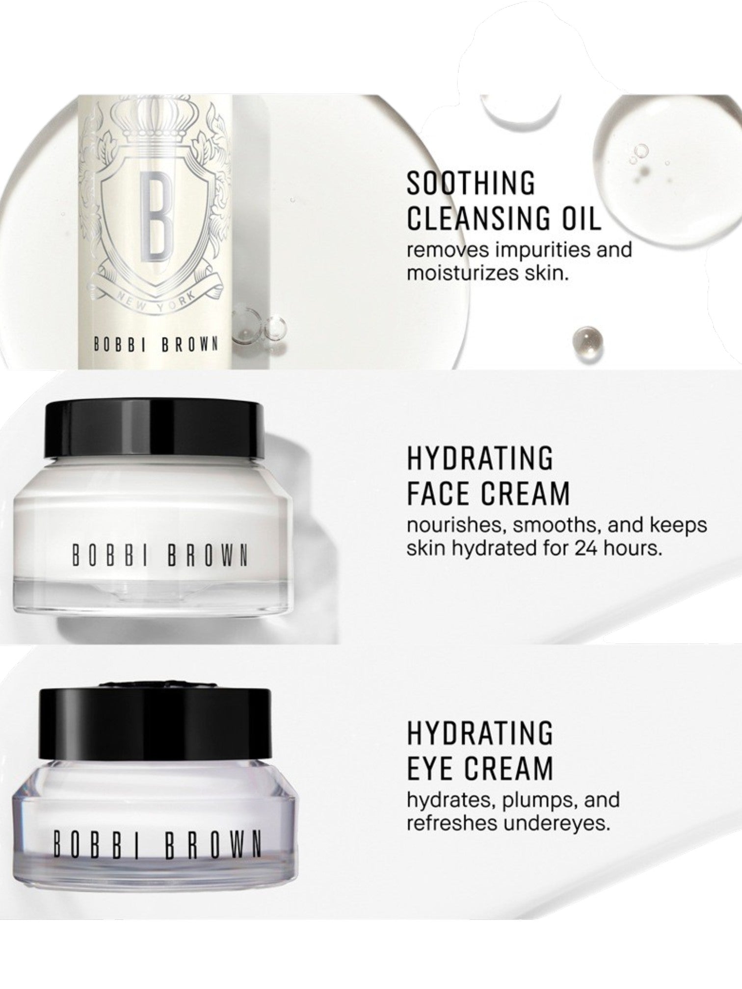 Bobbi Brown skincare products including cleansing oil, face cream, and eye cream on a white background. Bobbi Brown, Monza Outlet, Monza Fashion, Shein Outlet