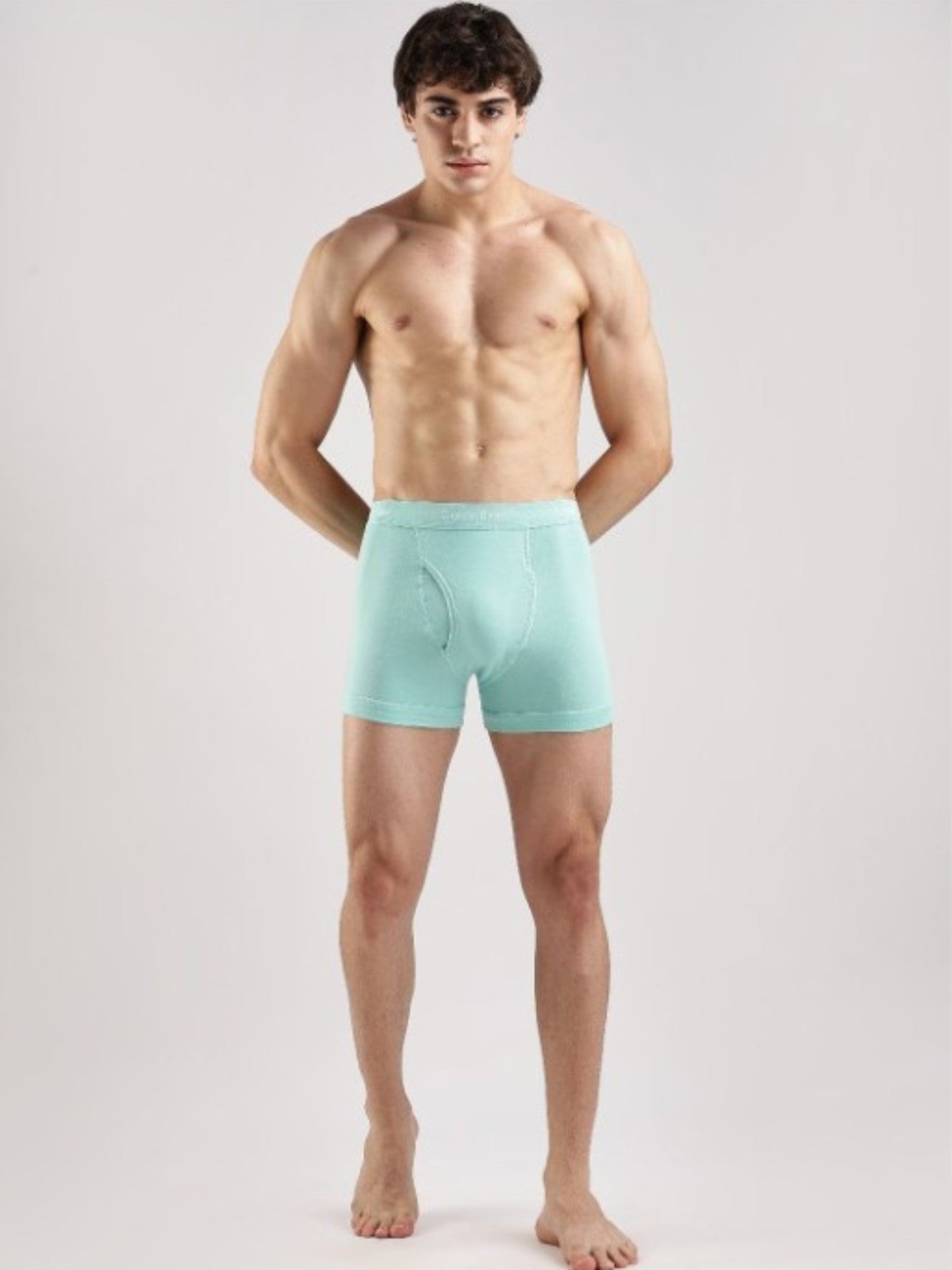 A shirtless male model wearing light mint green boxer briefs, standing against a plain light gray studio background. Calvin Klein, Monza Outlet, Monza Fashion, Shein Outlet