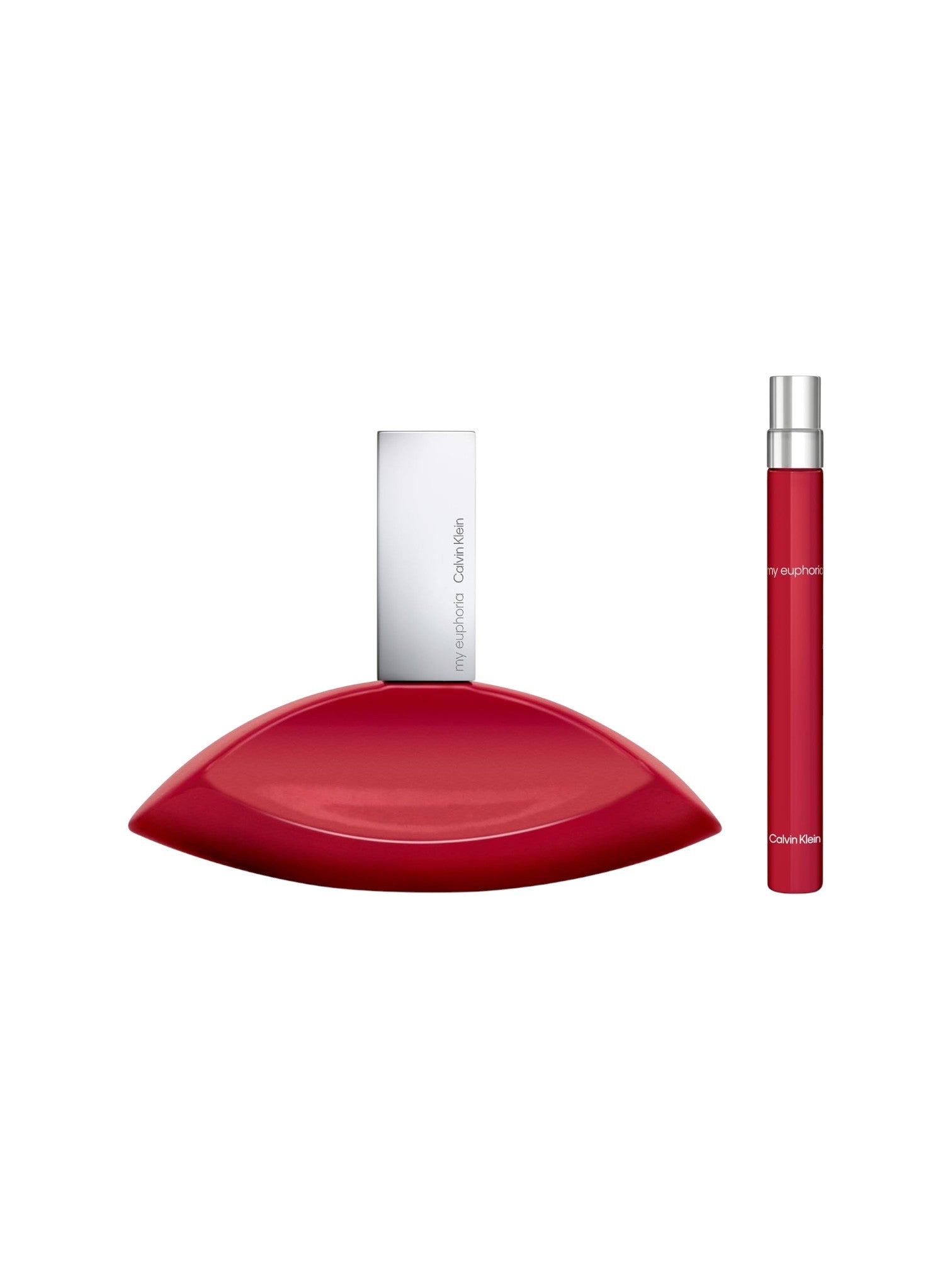 Red perfume bottle and travel-sized version on a white background monza outlet, Shein outlet, monza fashion