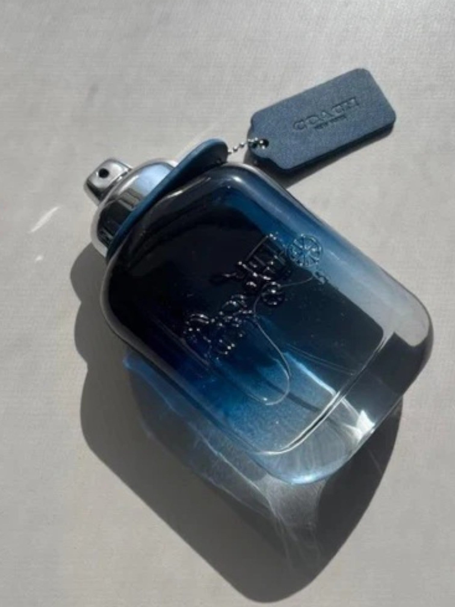 Blue perfume bottle with a tag on a light gray background. Coach, Monza Outlet, Monza Fashion, Shein Outlet