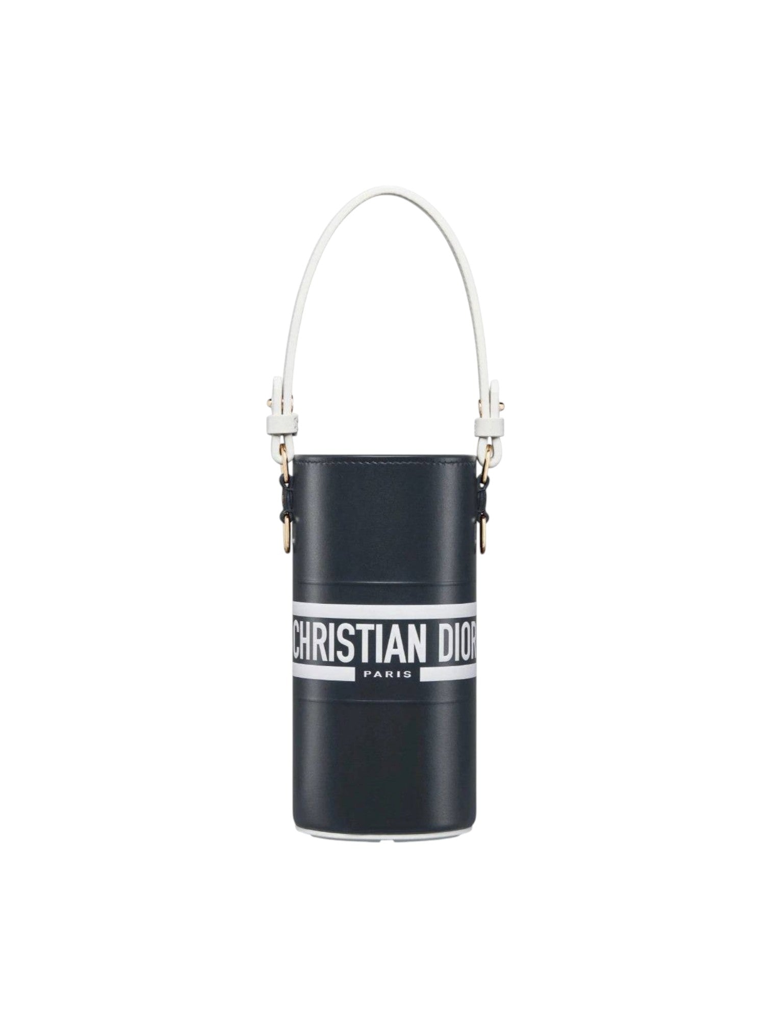 Black bucket bag with Christian Dior logo on a white background. Dior Monza Outlet