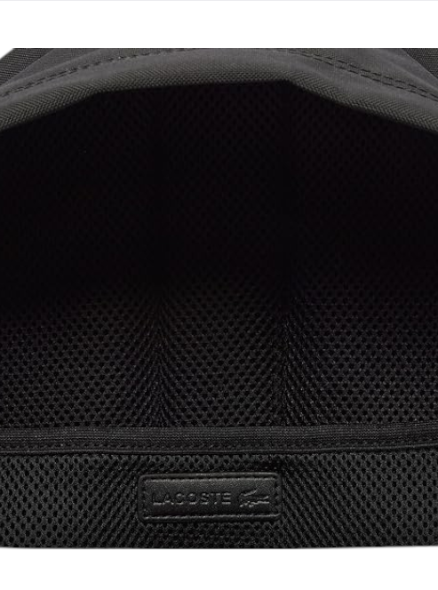 Close-up of a black textured bag with a brand logo on a white background Lacoste Monza Outlet, Monza Fashion, Shein Outlet