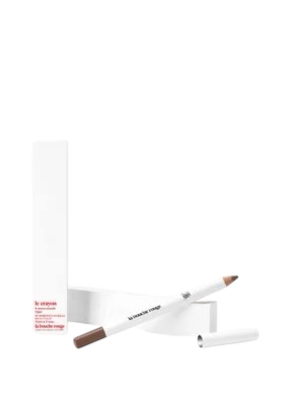 Makeup pencil with white casing and brown tip on a white background