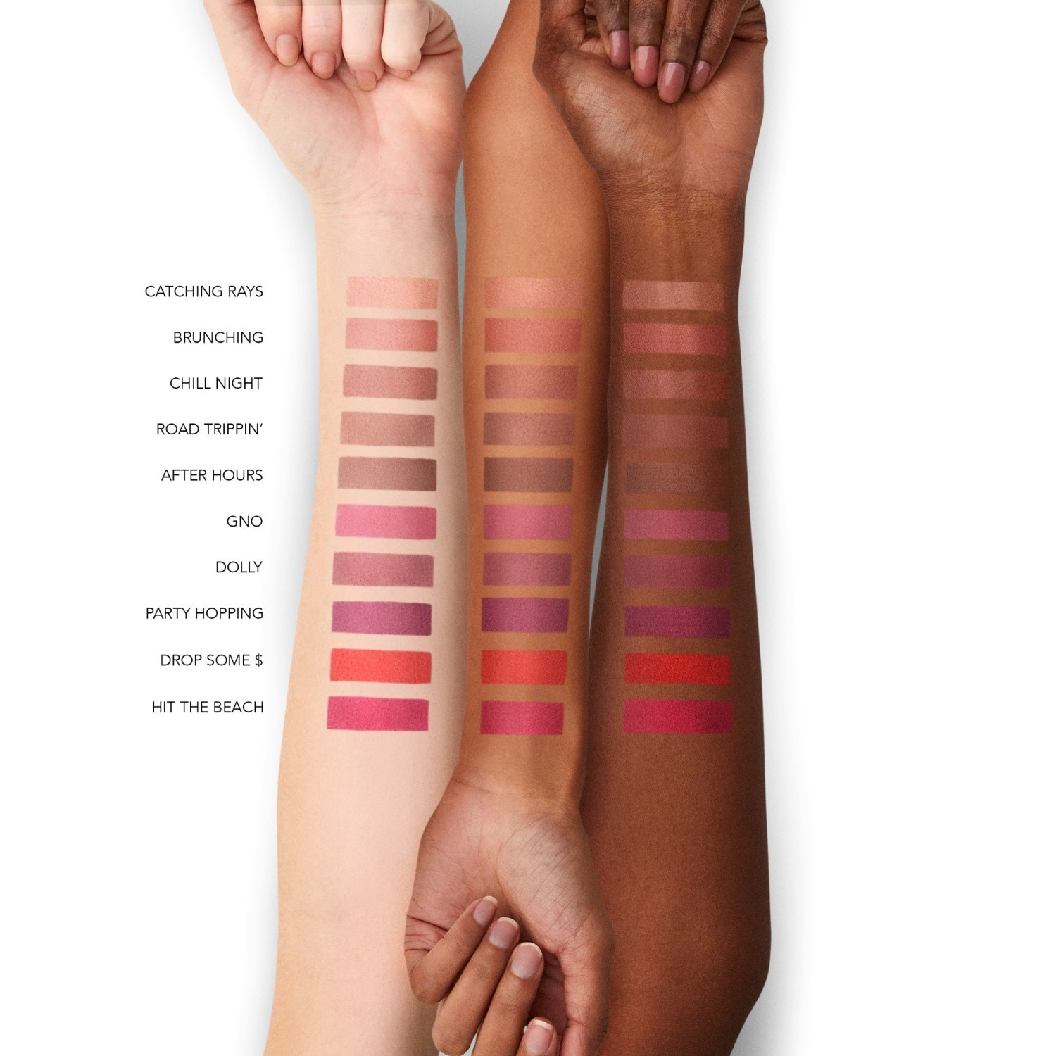 Lipstick swatches on three different skin tones with color names. Monza fashion outlet, monza outlet, shein outlet, shien outlet cosmetics, makeup, perfume