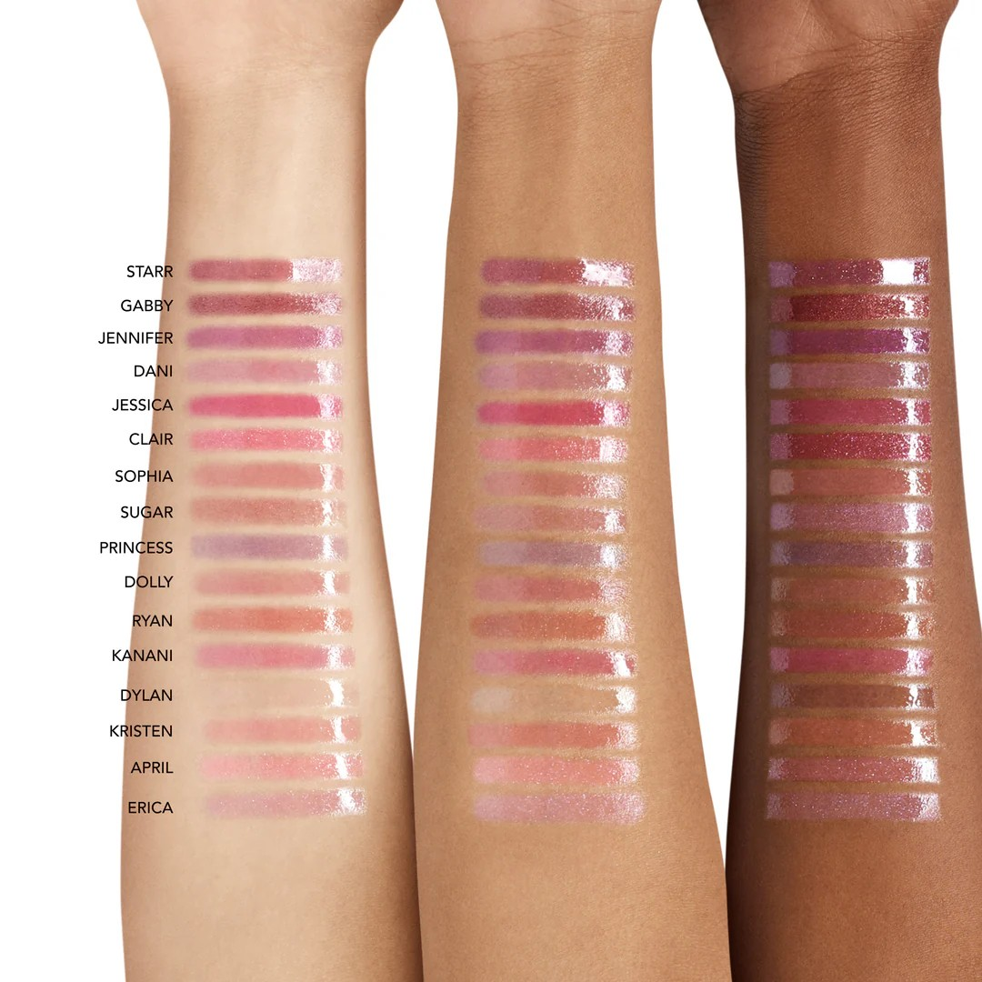 Lipstick swatches on three different skin tones with color names listed. Monza fashion outlet, monza outlet, shein outlet, shien outlet cosmetics, makeup, perfume