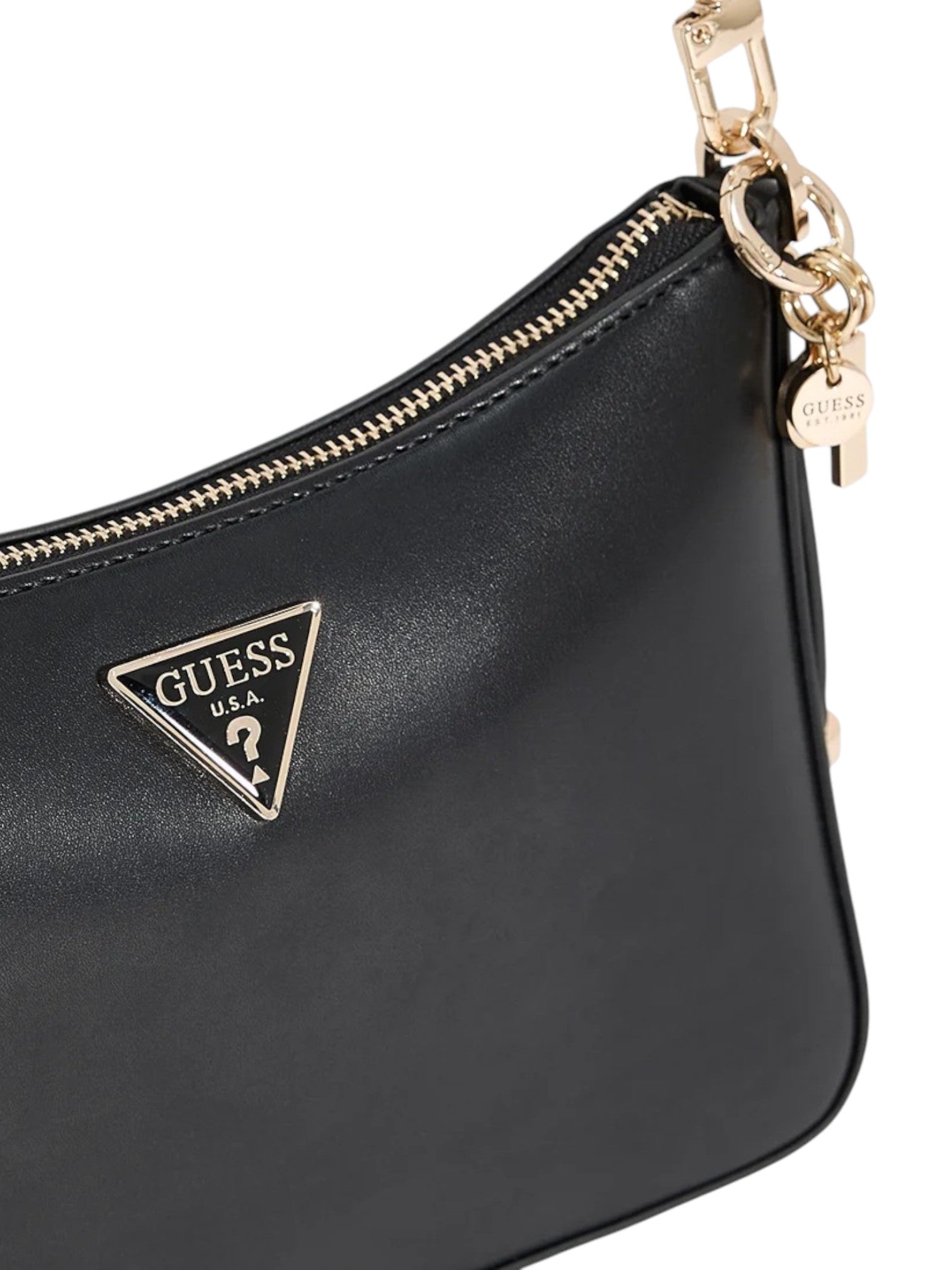 Black handbag with gold zipper and Guess logo on a white background. Guess, Monza Outlet, Monza Fashion, Shein Outlet