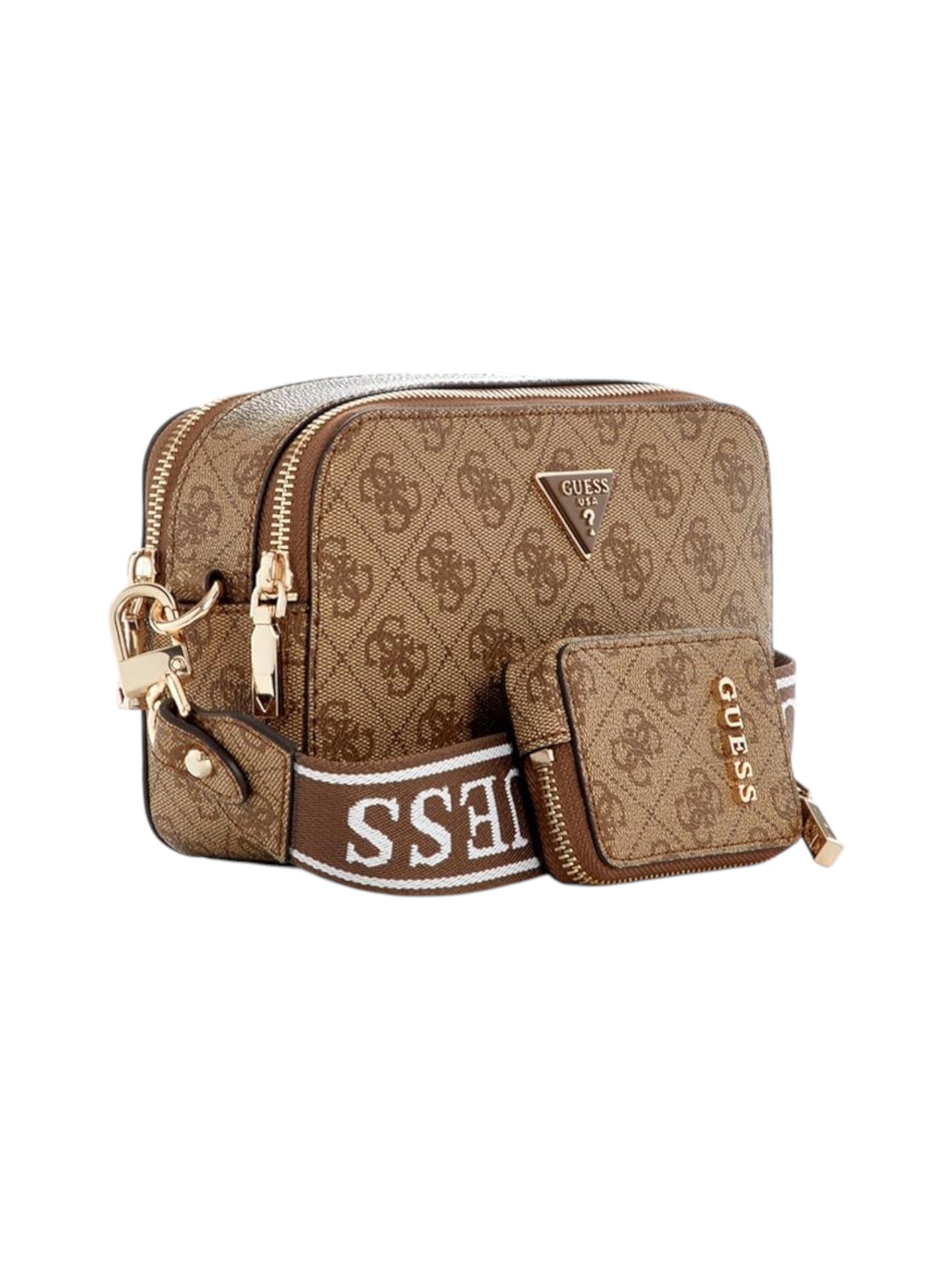 Brown crossbody bag with Guess logo on a white background. Guess, Monza Outlet, Monza Fashion, Shein Outlet