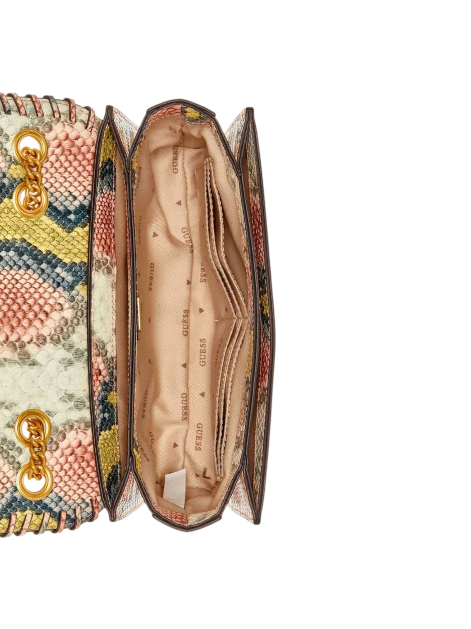 Multicolored patterned handbag with gold accents on a white background Guess Monza Outlet