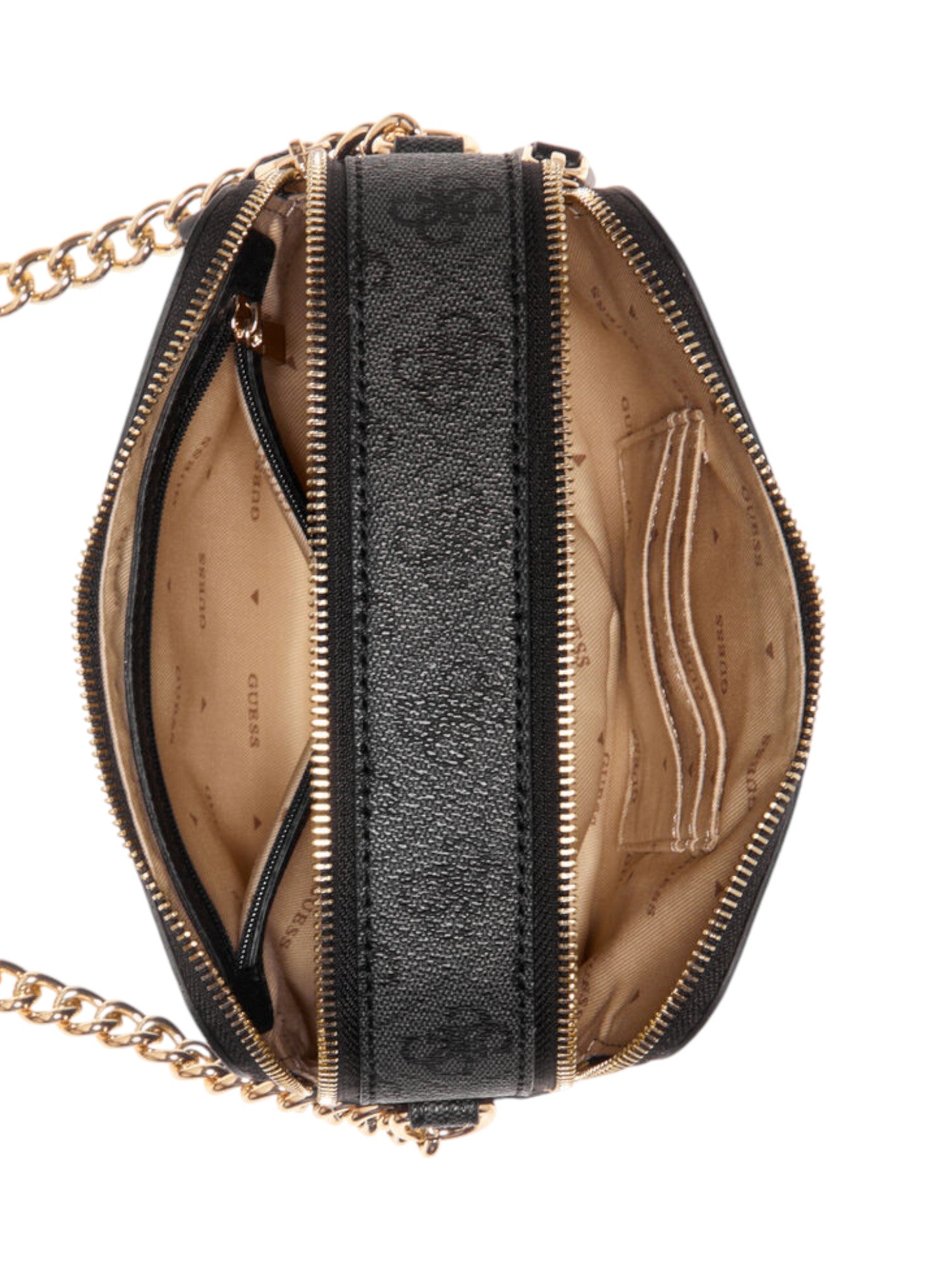 Black handbag with gold chain strap on a white background. Guess, Monza Outlet, Monza Fashion, Shein Outlet