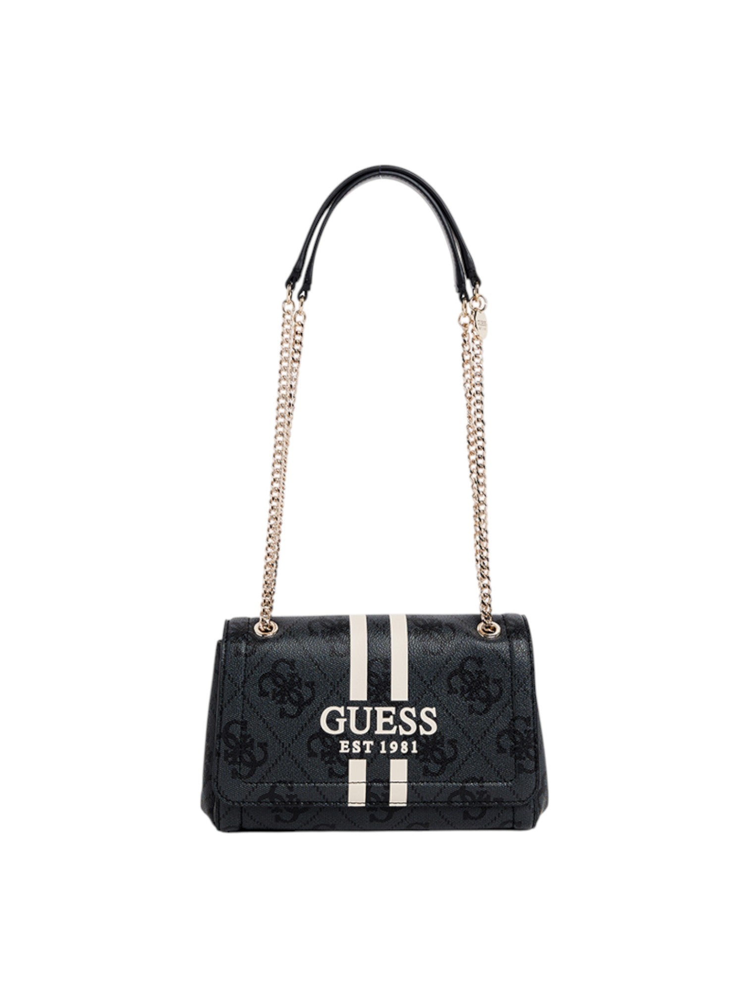 Black quilted handbag with Guess logo on a white background. Guess, Monza Outlet, Monza Fashion, Shein Outlet