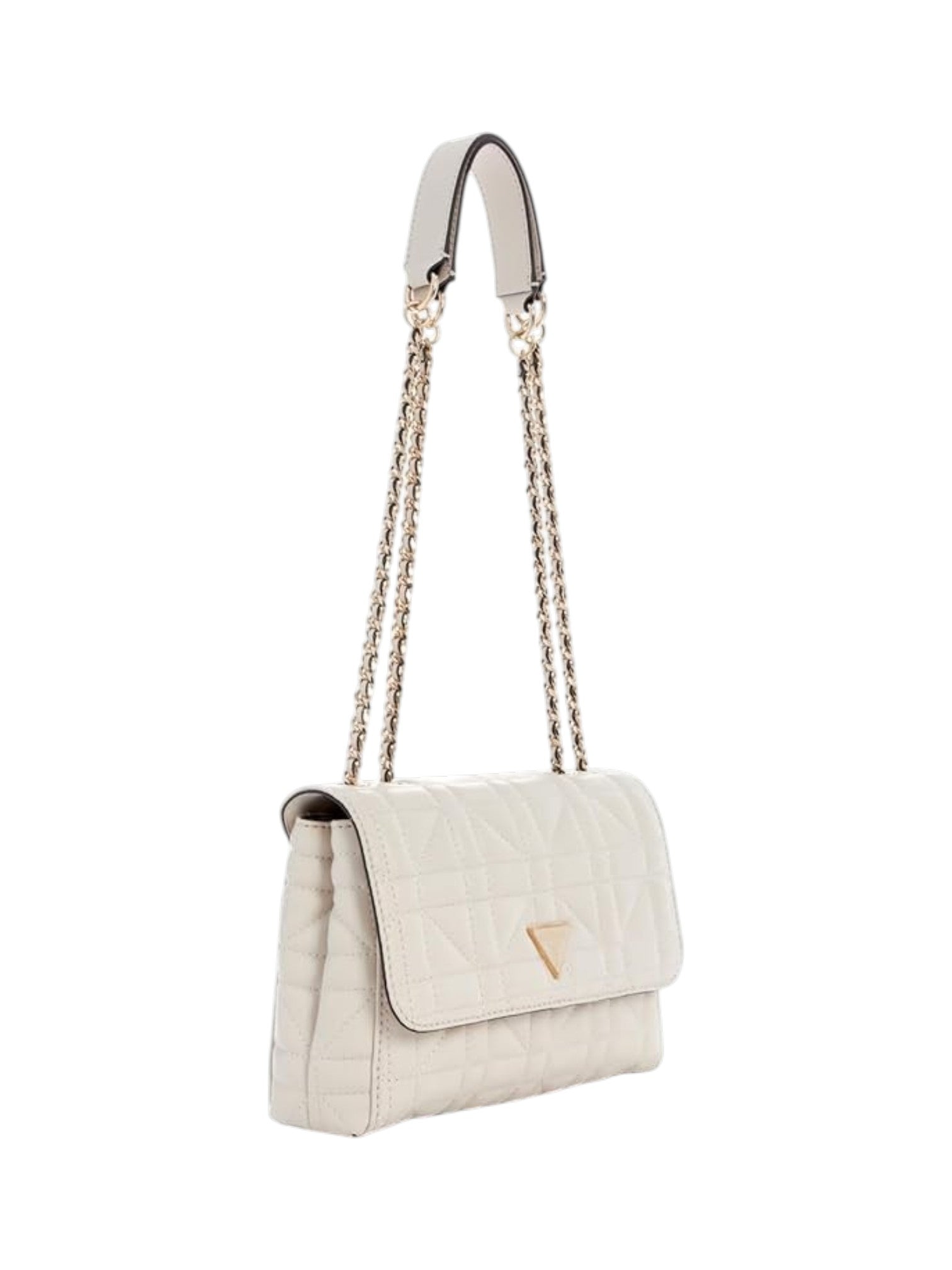 Beige handbag with a chain strap on a white background. Guess, Monza Outlet, Monza Fashion, Shein Outlet
