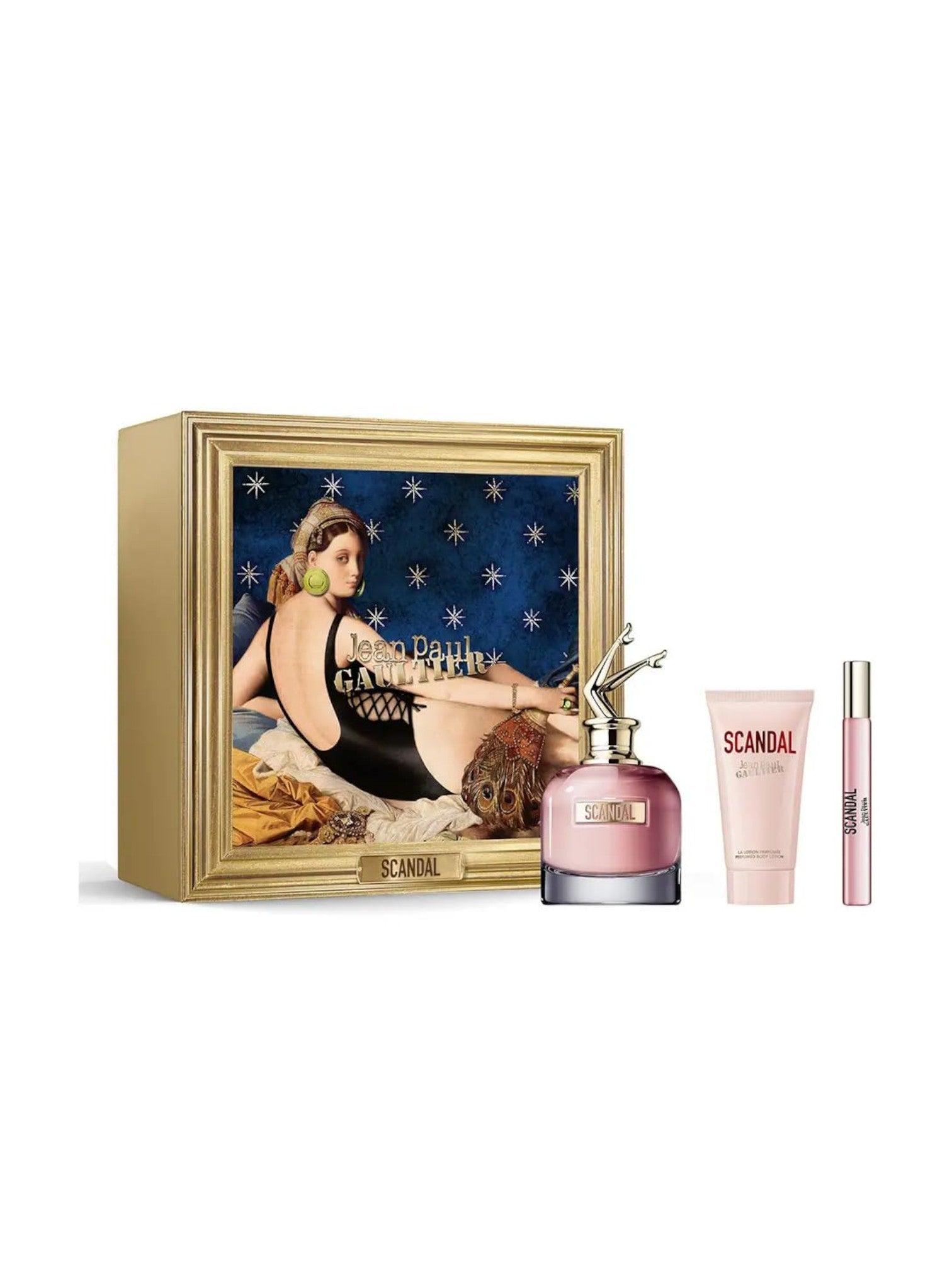 Scandal perfume set with packaging featuring a woman on a blue background. Scandal, Monza Outlet, Monza Fashion, Shein Outlet