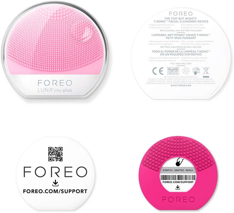 FOREO Luna Play Plus facial cleansing device with packaging and QR code on a white background Monza Outlet