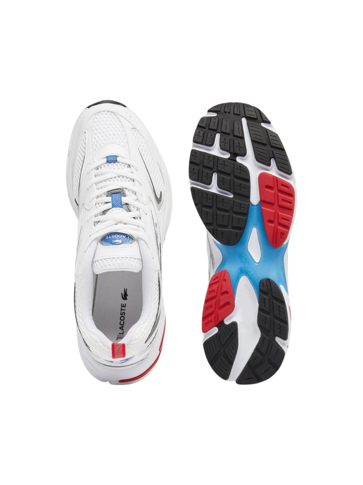 White sneaker with black, blue, and red sole on a white background. Lacoste, Monza Outlet, Monza Fashion, Shein Outlet