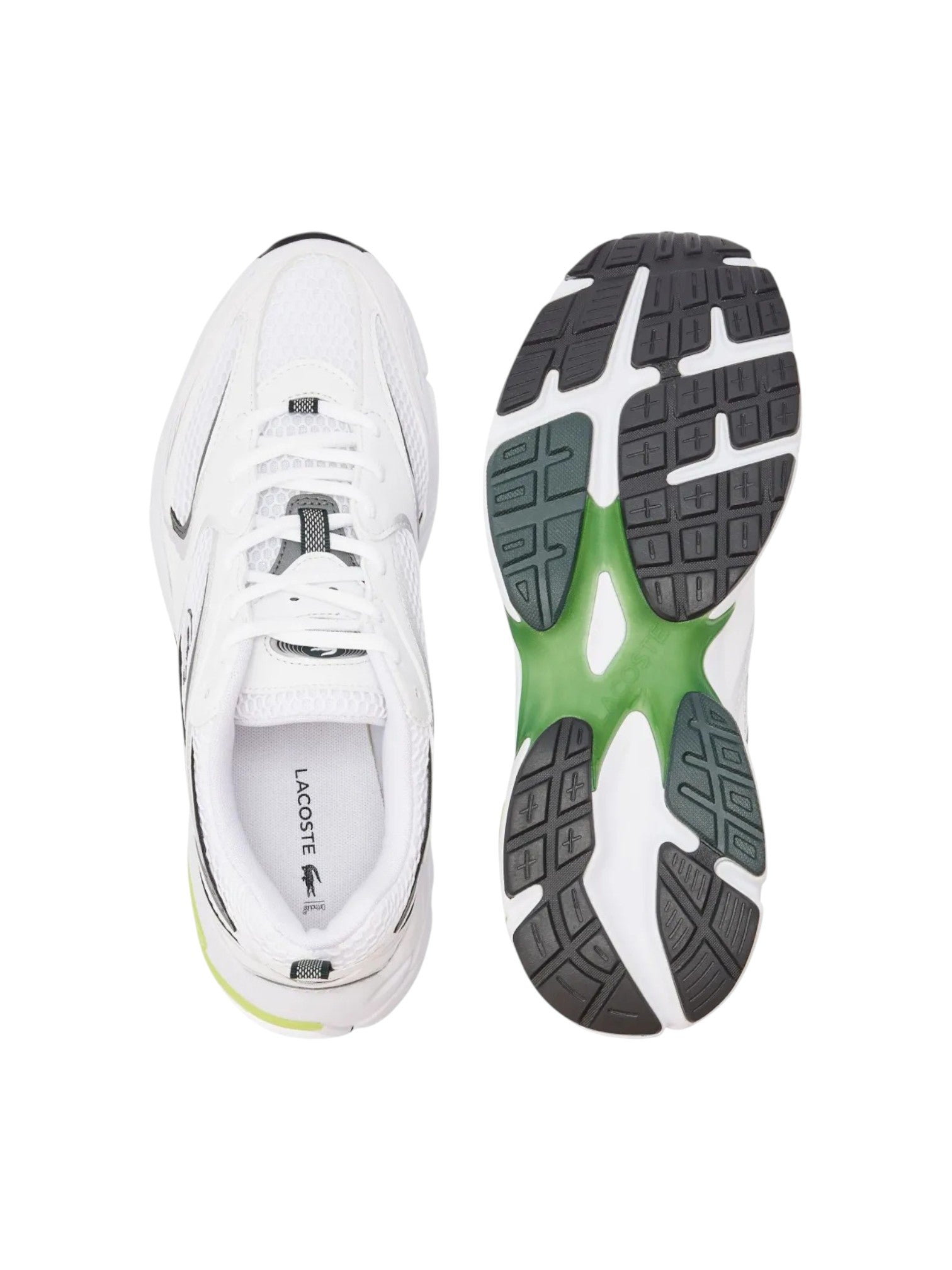 White sneaker with green sole on a white background. Lacoste, Monza Outlet, Monza Fashion, Shein Outlet