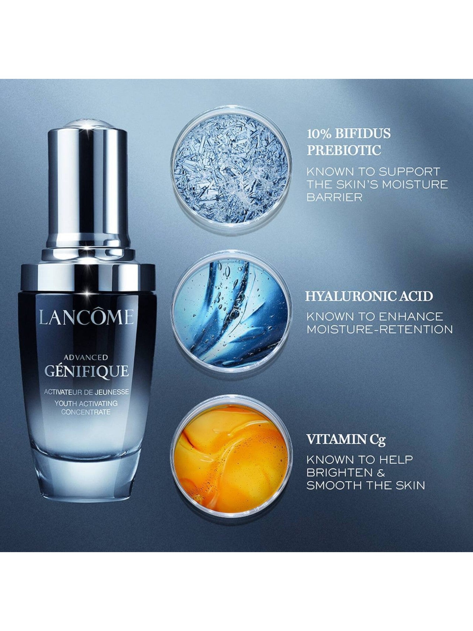 Lancème skincare product with ingredients displayed on a blue background. Lancome, Monza Outlet, Monza Fashion, Shein Outlet