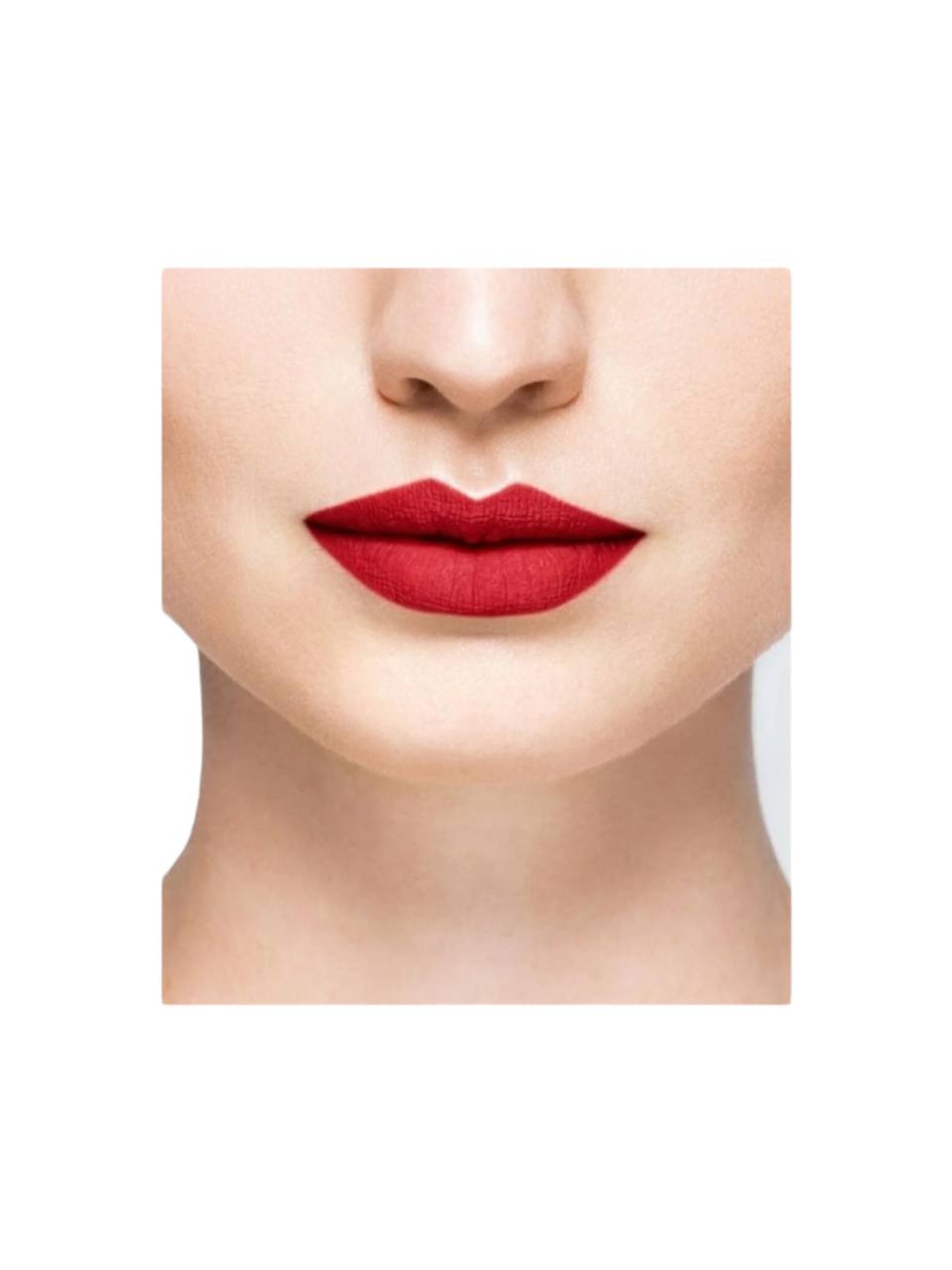 Close-up of a person wearing red lipstick on a white background