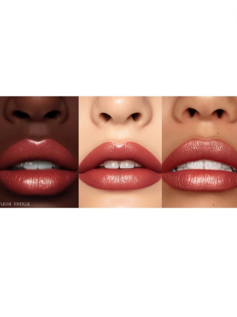 Three different shades of lipstick applied to lips with a neutral background. Pat McGrath Labs Monza Outlet